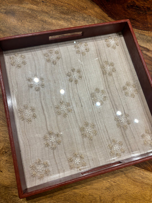 Fawn Silk Square Leather and Chikankari Tray