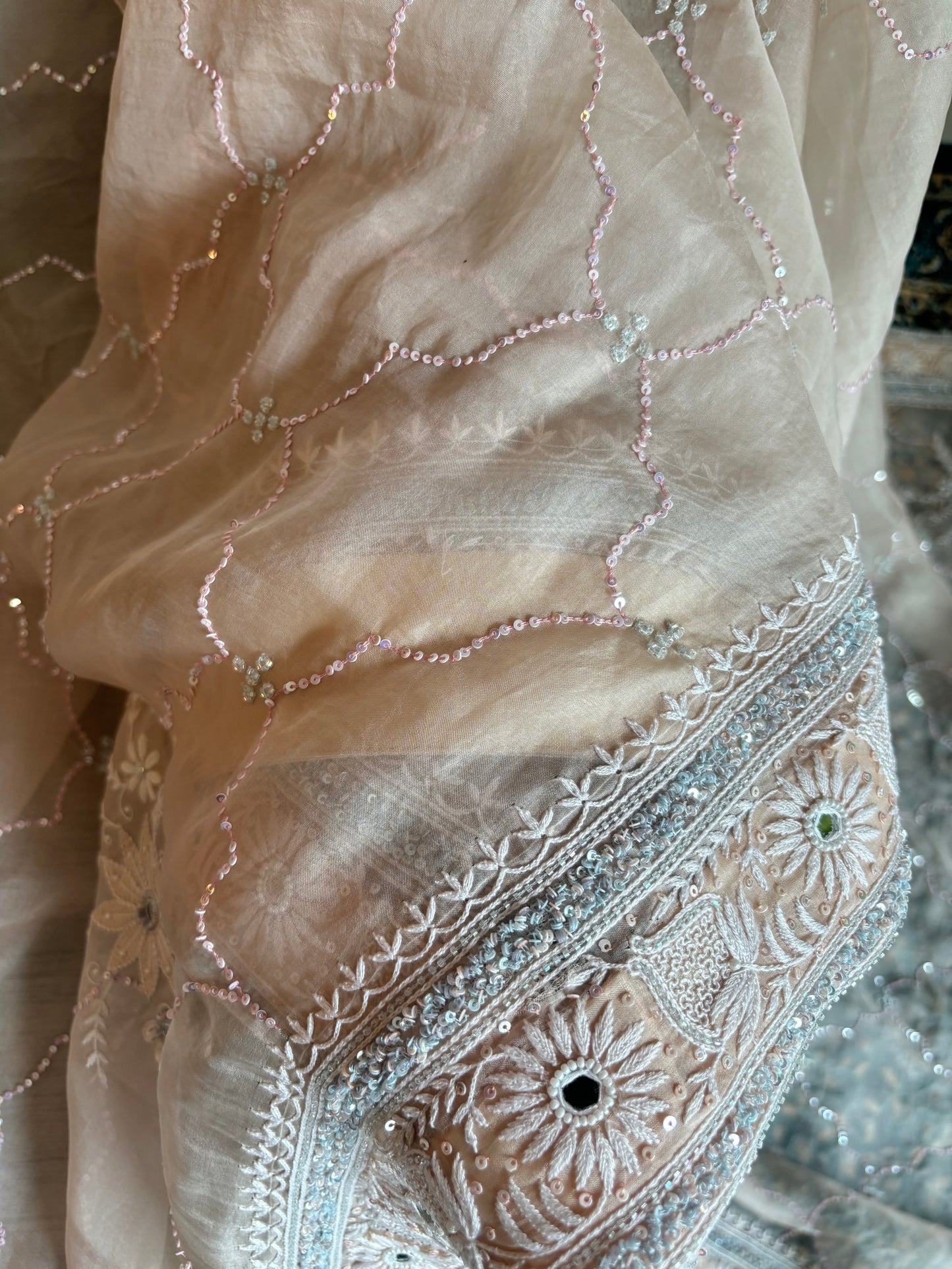 Peach Organza Silk Chikankari Saree and Blouse