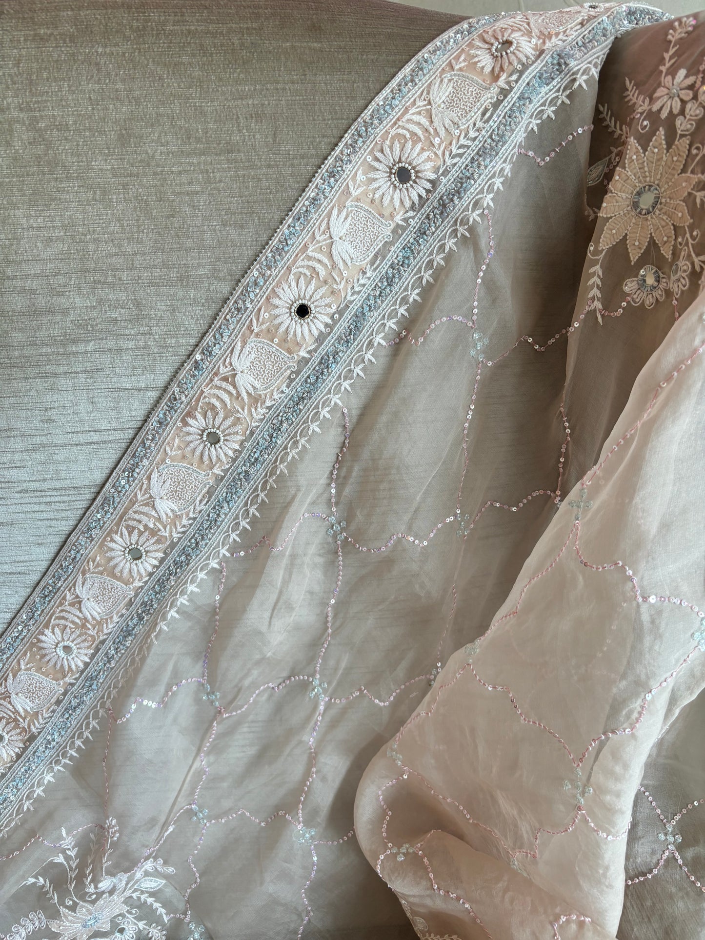 Peach Organza Silk Chikankari Saree and Blouse