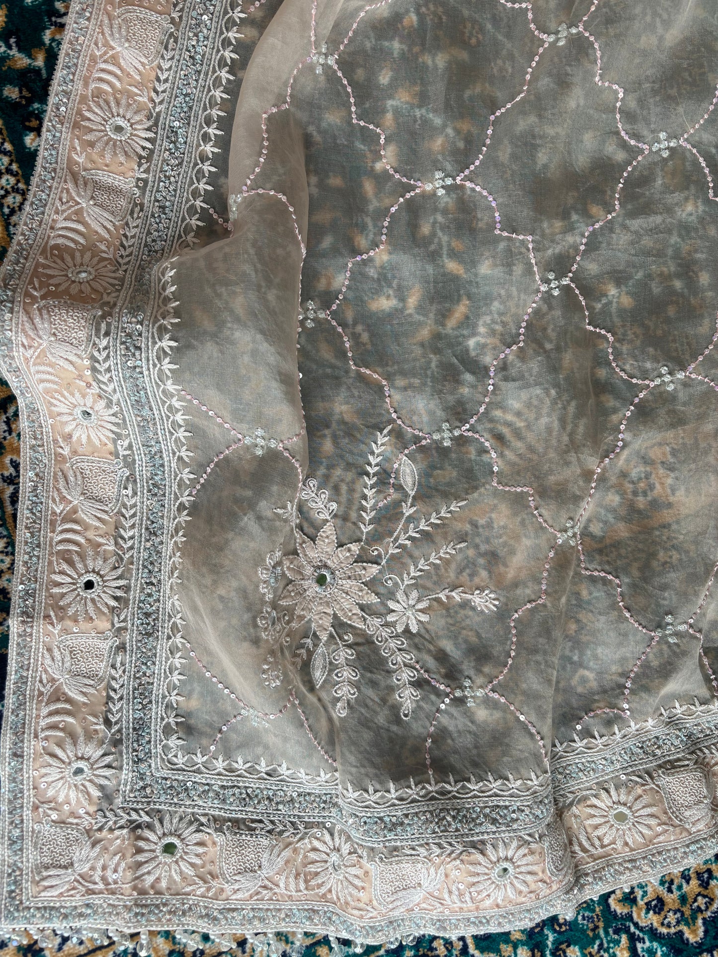 Peach Organza Silk Chikankari Saree and Blouse