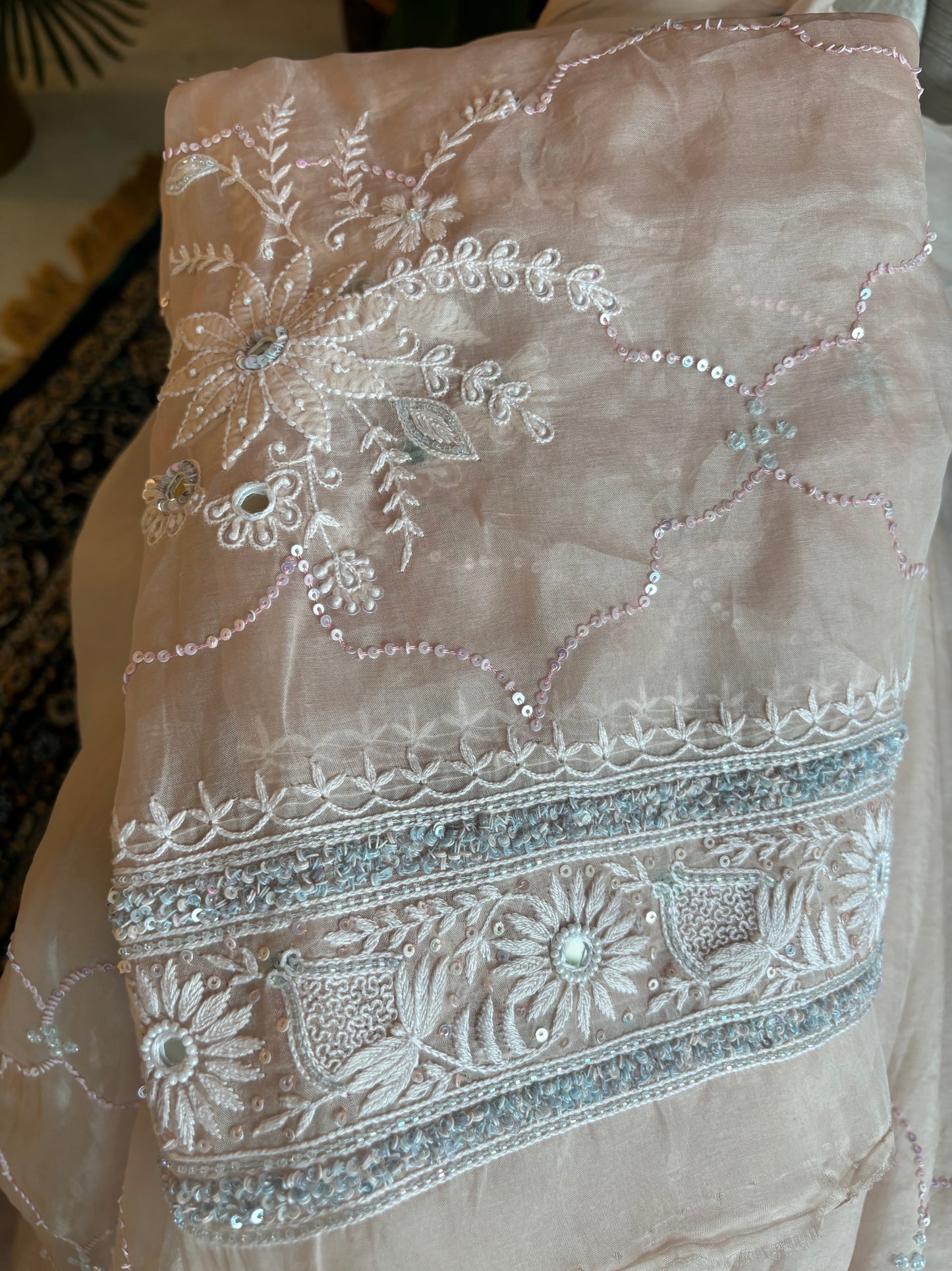 Peach Organza Silk Chikankari Saree and Blouse