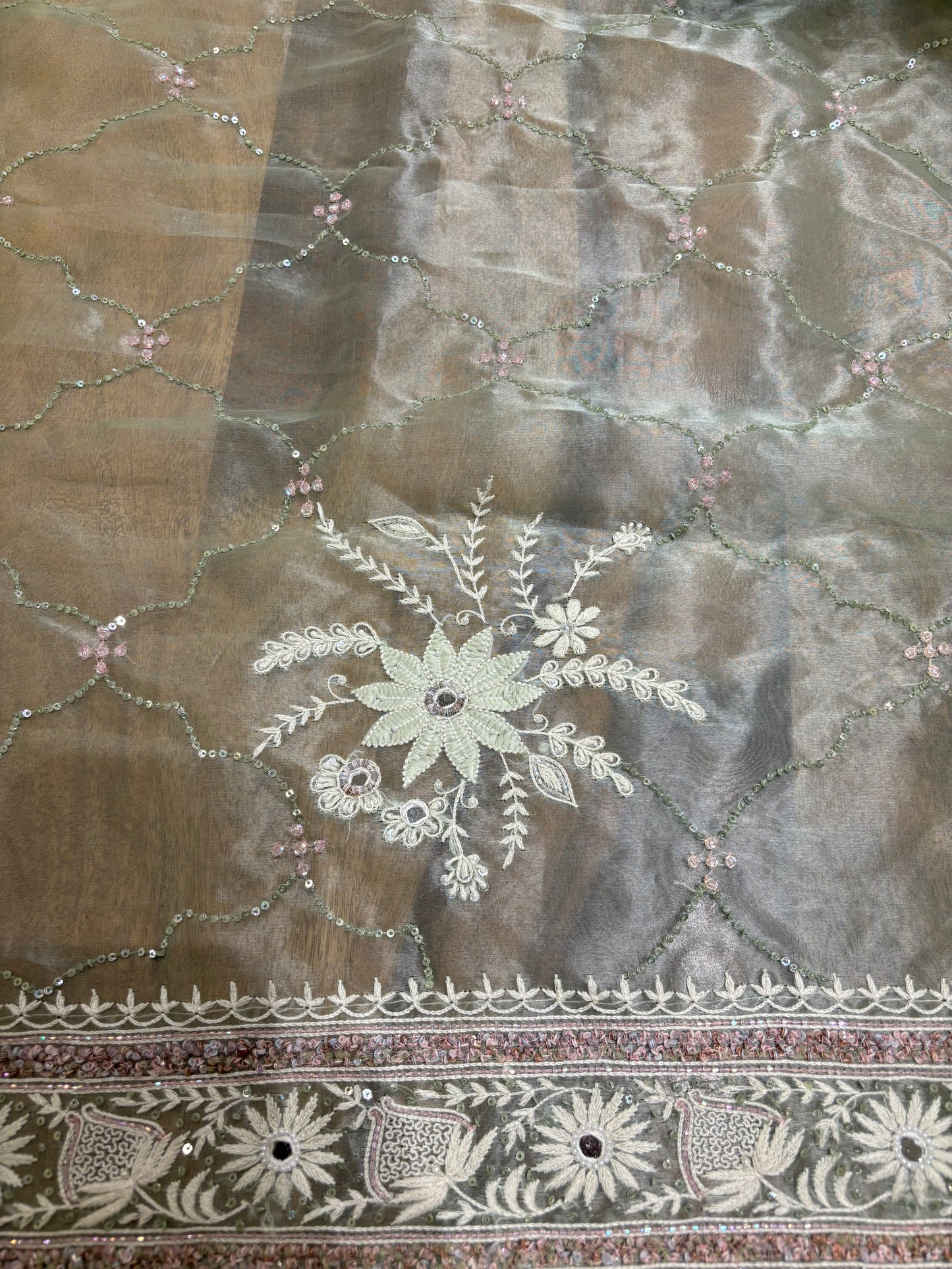 Peach Organza Silk Chikankari Saree and Blouse