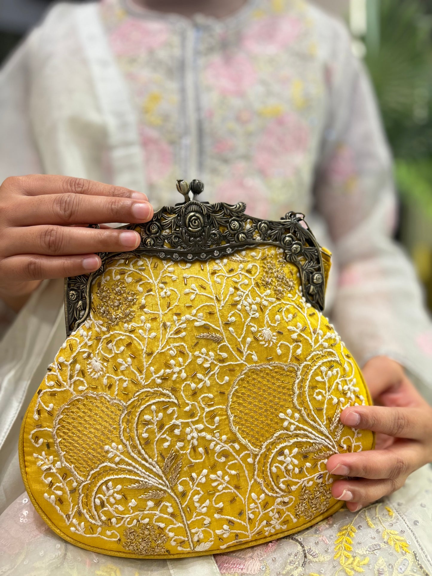 Yellow Silk Chikankari Clutch Bag