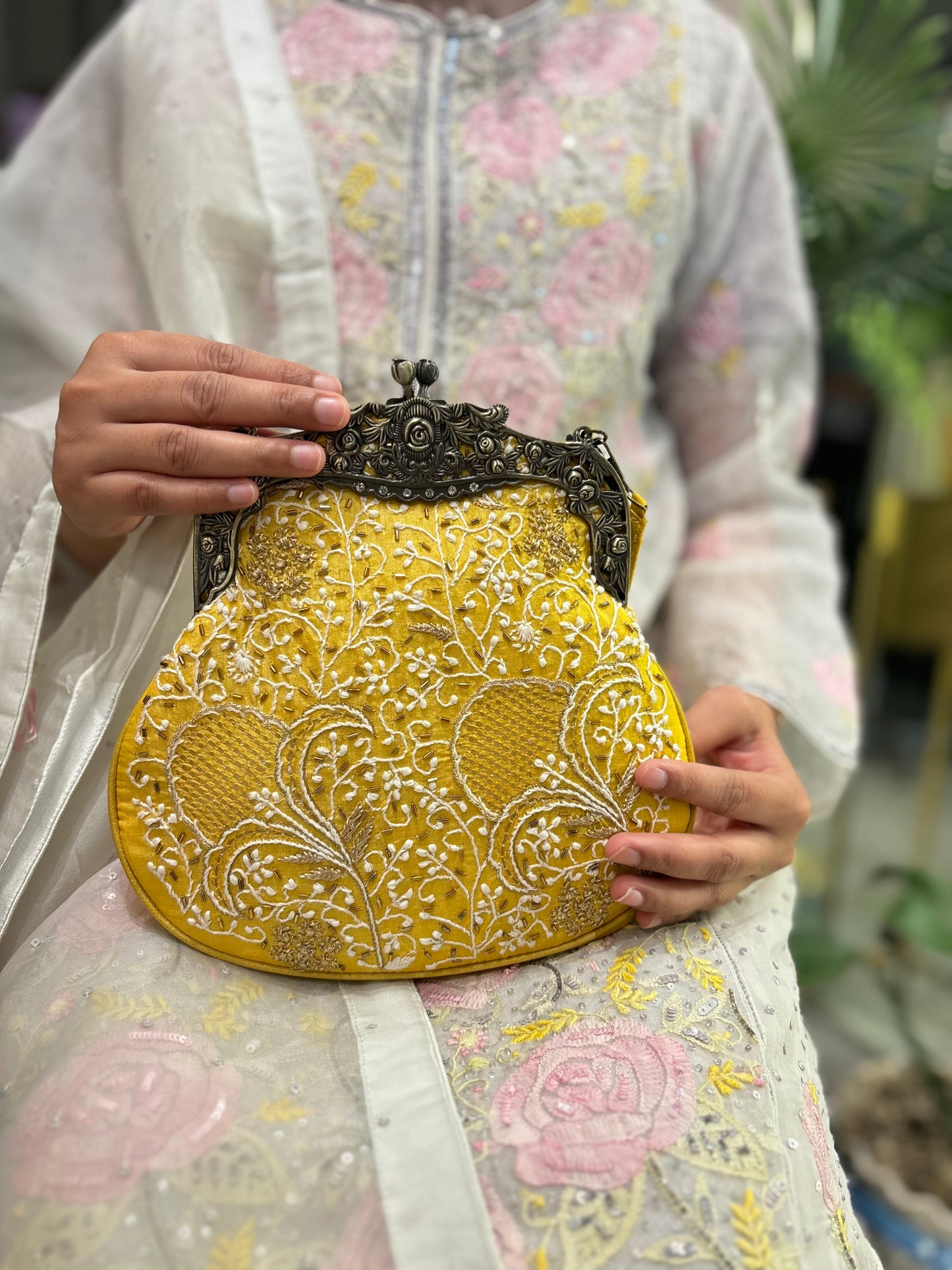 Yellow Silk Chikankari Clutch Bag