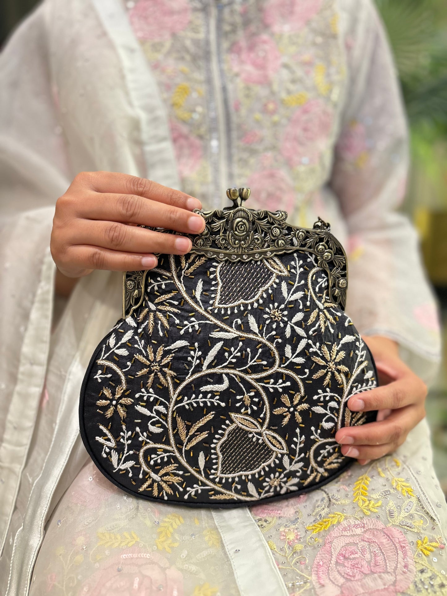 Black Silk Chikankari Clutch Bag