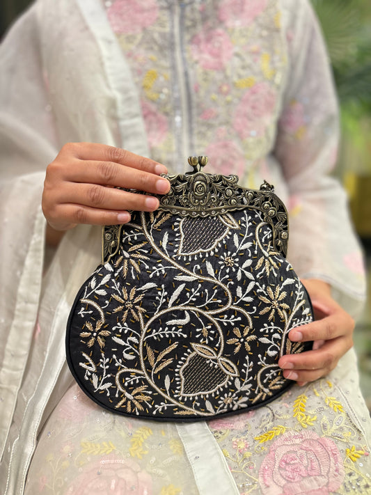 Black Silk Chikankari Clutch Bag