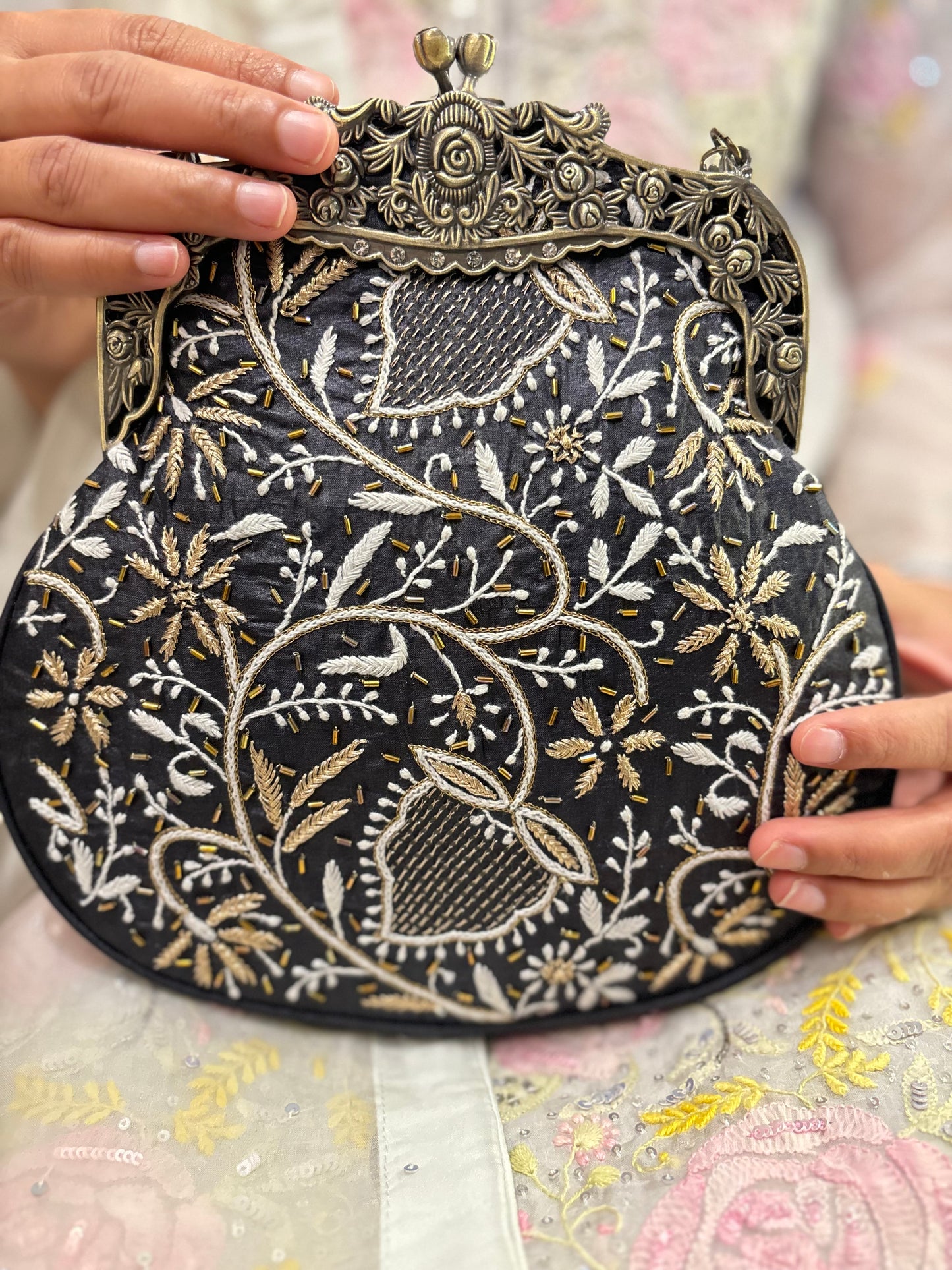 Black Silk Chikankari Clutch Bag