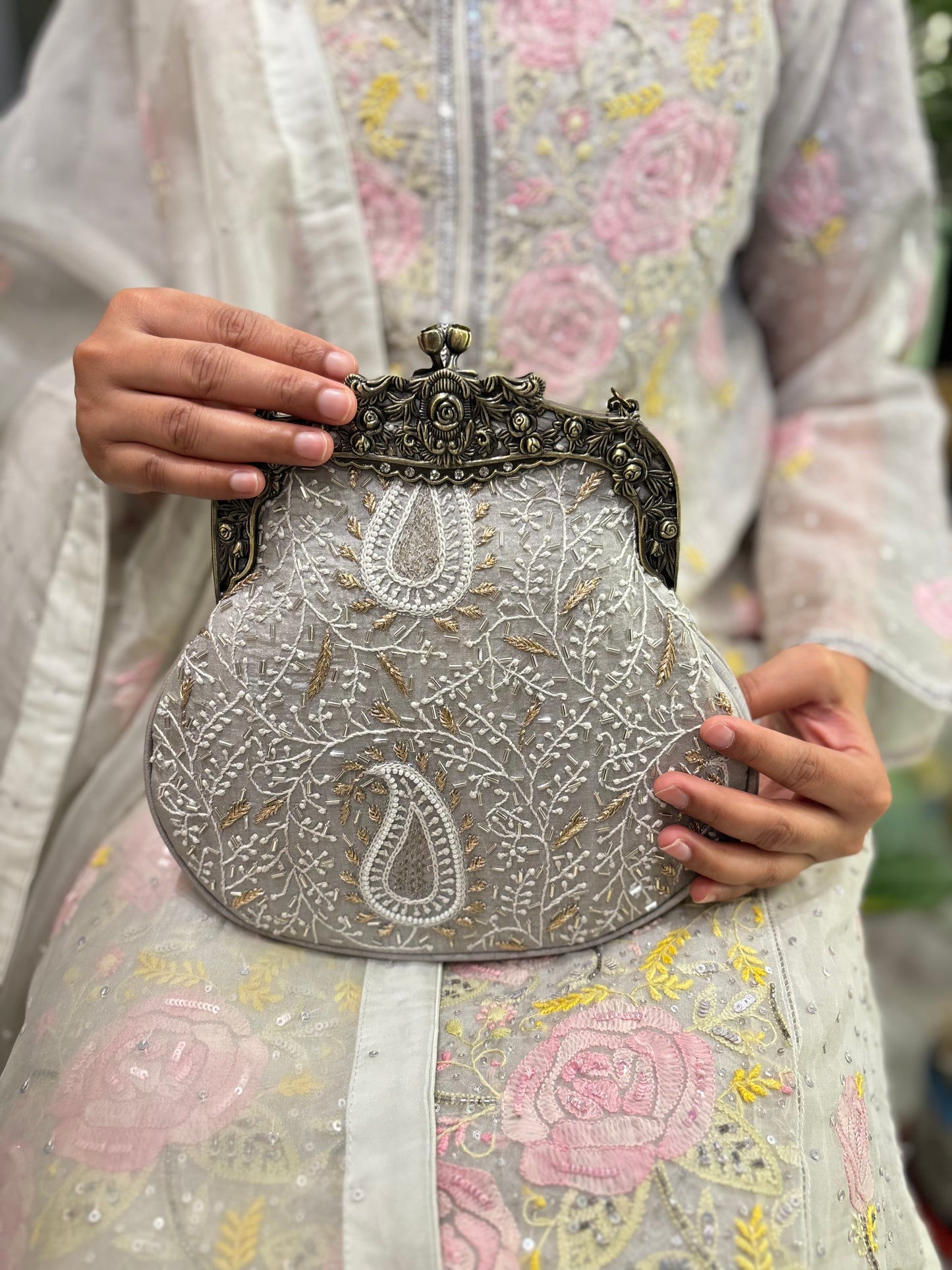 Grey Silk Chikankari Clutch Bag
