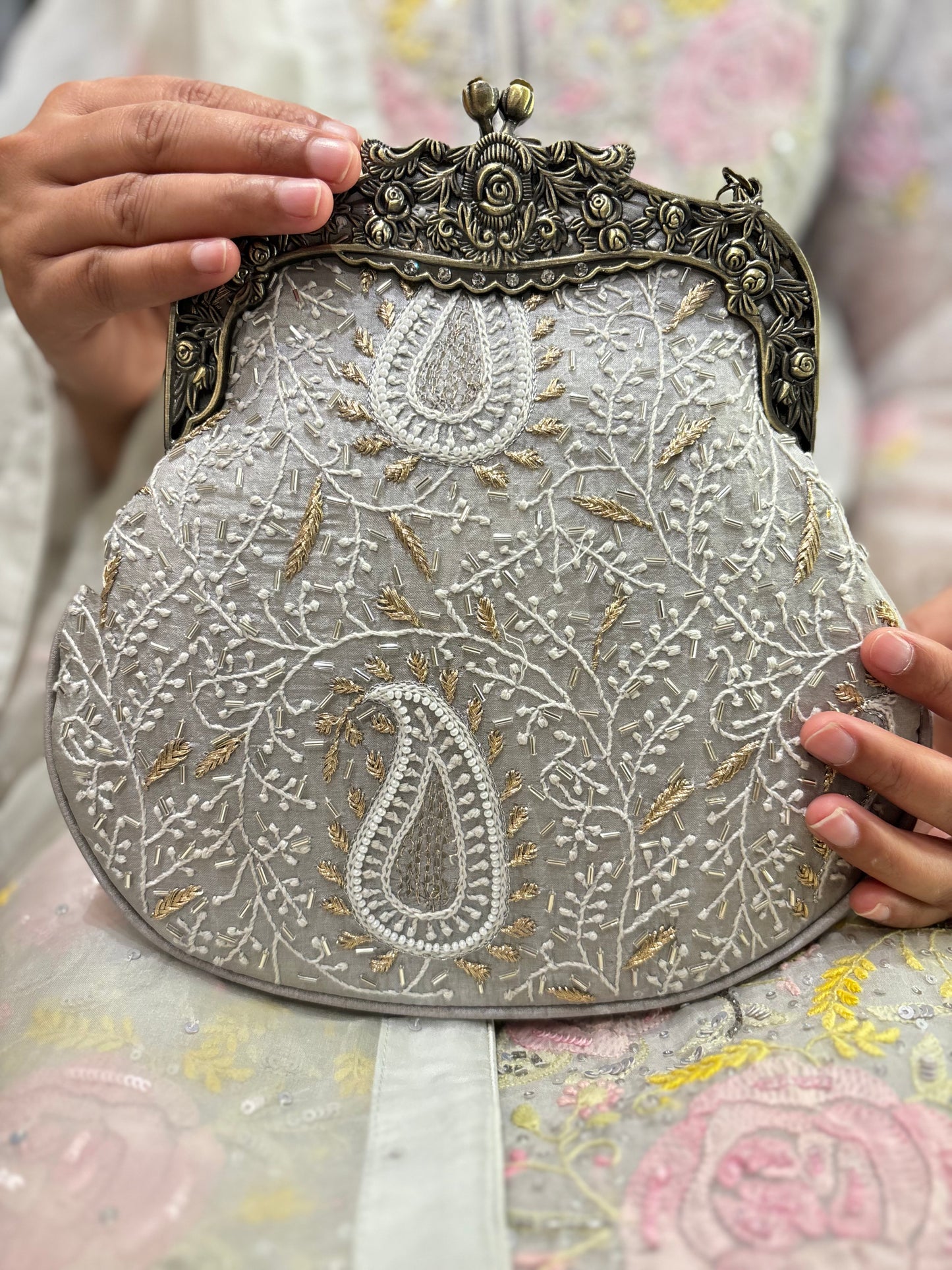Grey Silk Chikankari Clutch Bag