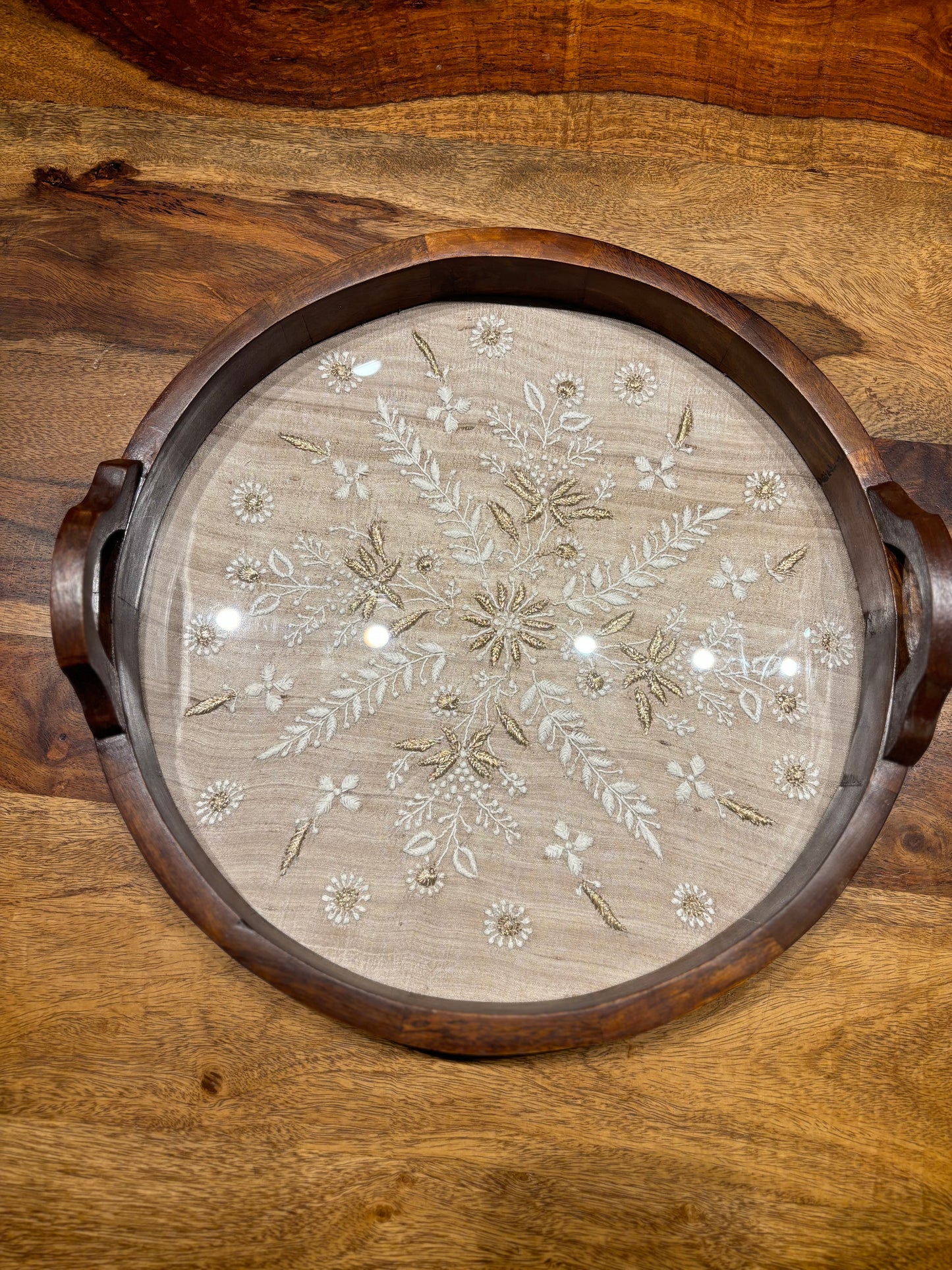 Fawn Silk Round Chikankari Tray