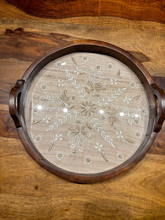 Fawn Silk Round Chikankari Tray