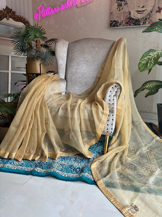 Beige Gold Organza Silk Badla Saree
