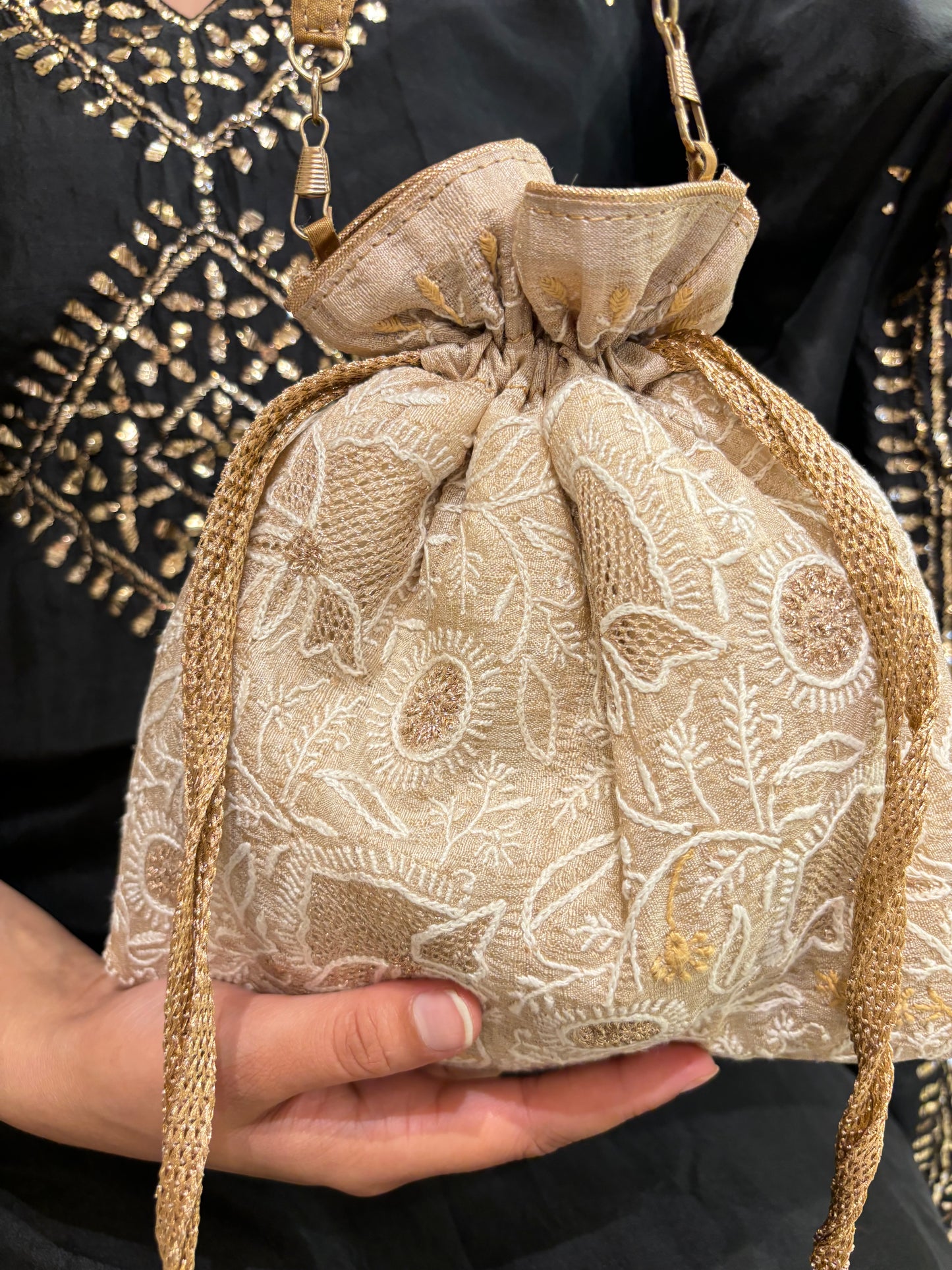Beige Silk Chikankari Potli