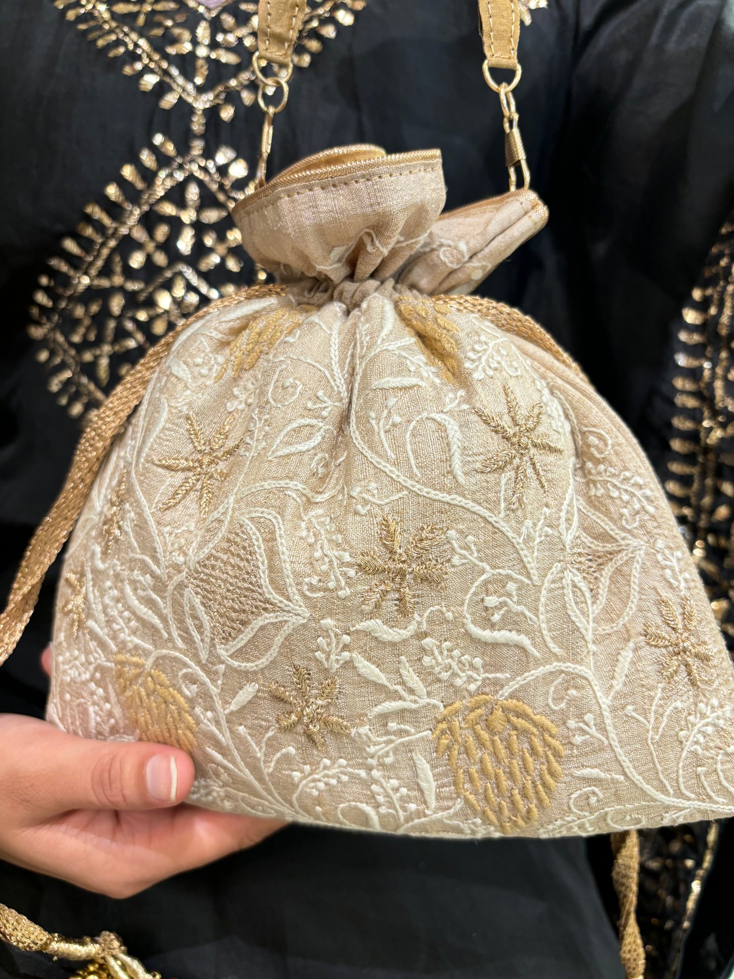 Beige Silk Chikankari Potli