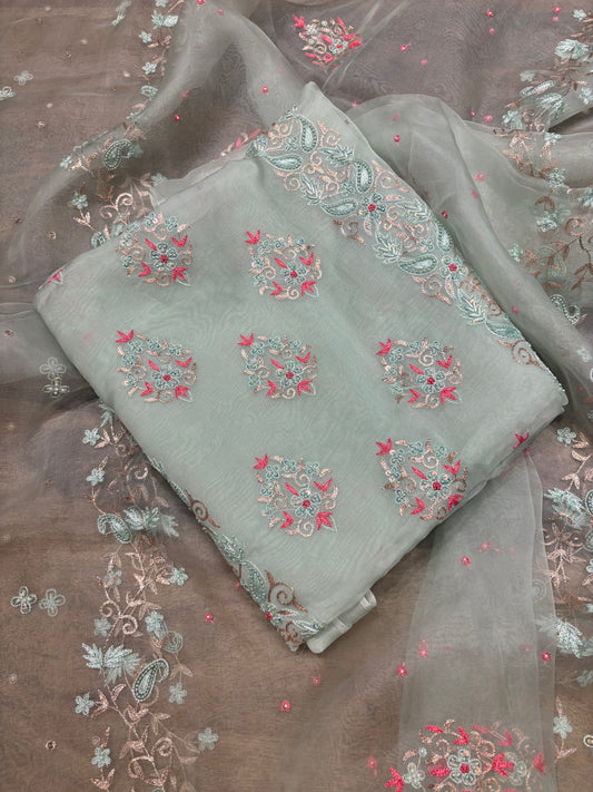 Cruise Organza Silk Chikankari Kurta and Dupatta Fabric