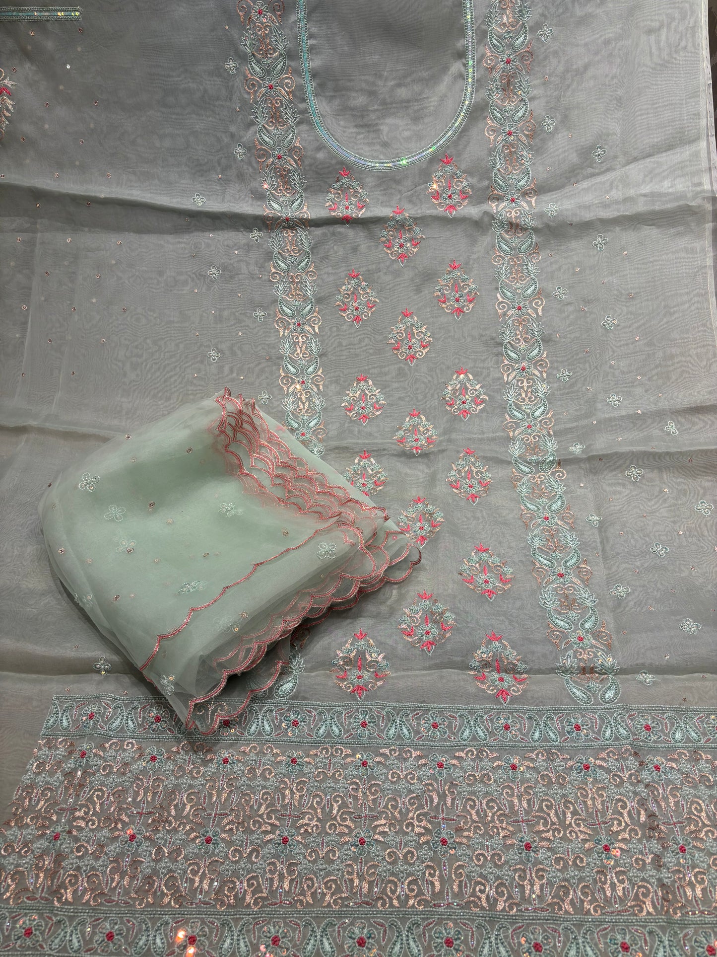 Cruise Organza Silk Chikankari Kurta and Dupatta Fabric