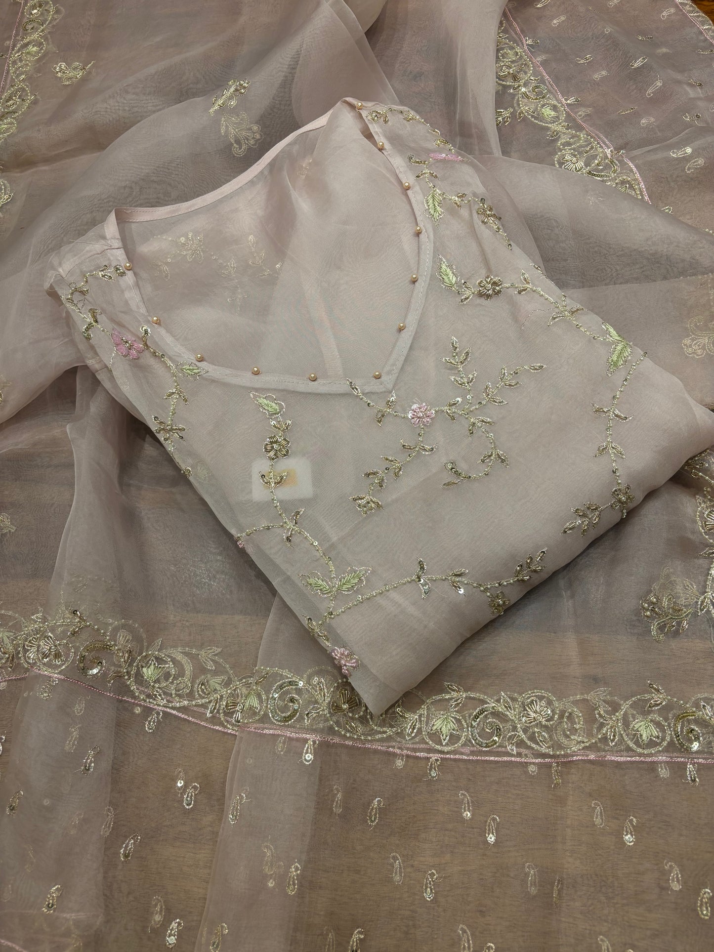 Dusty Mauve Organza Silk Chikankari Kurta and Dupatta