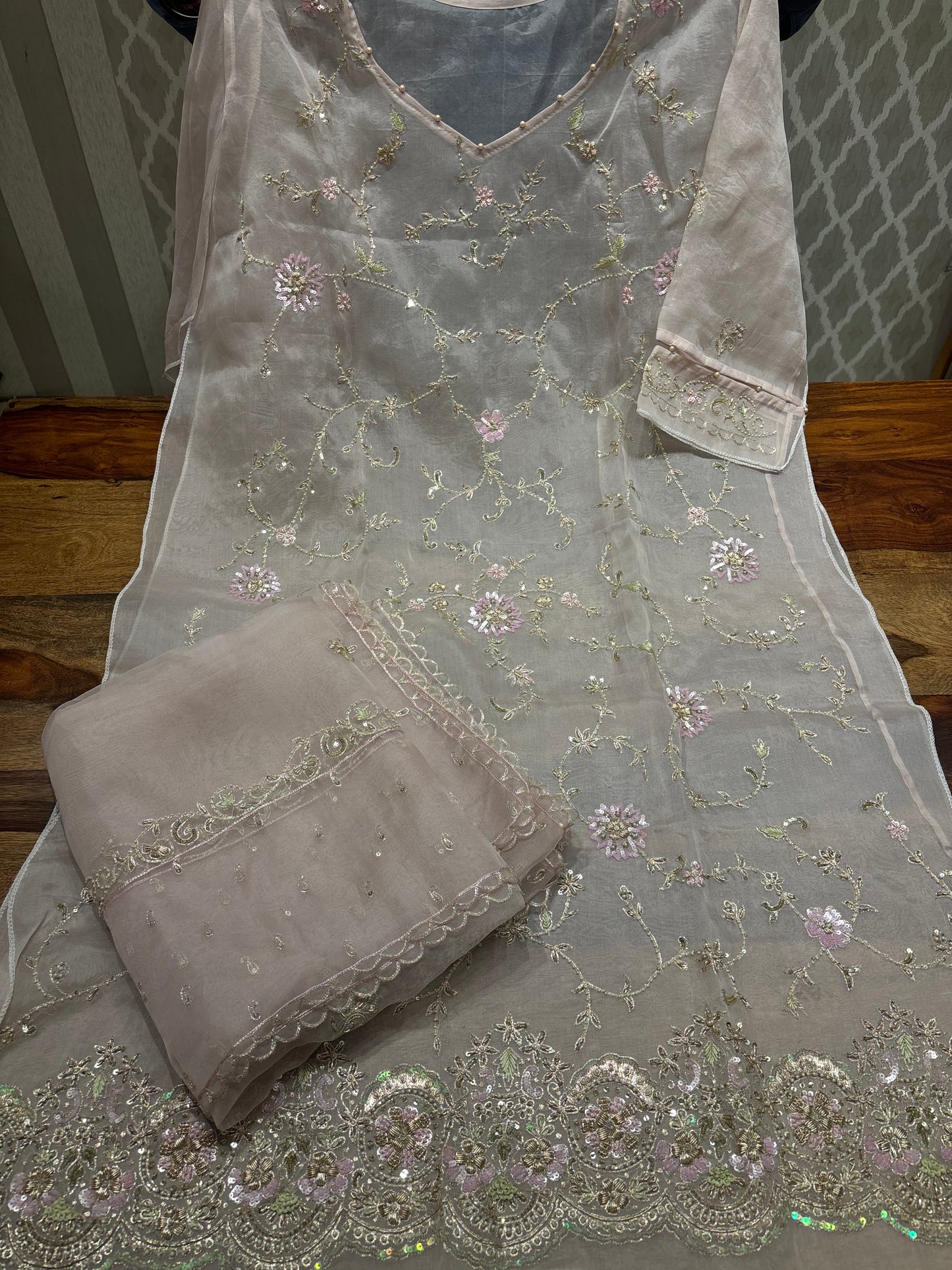Dusty Mauve Organza Silk Chikankari Kurta and Dupatta