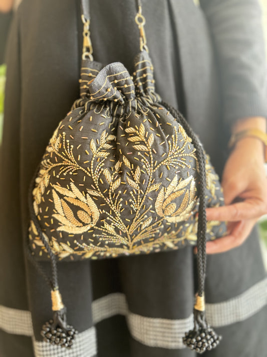 Black Silk Zardozi Potli
