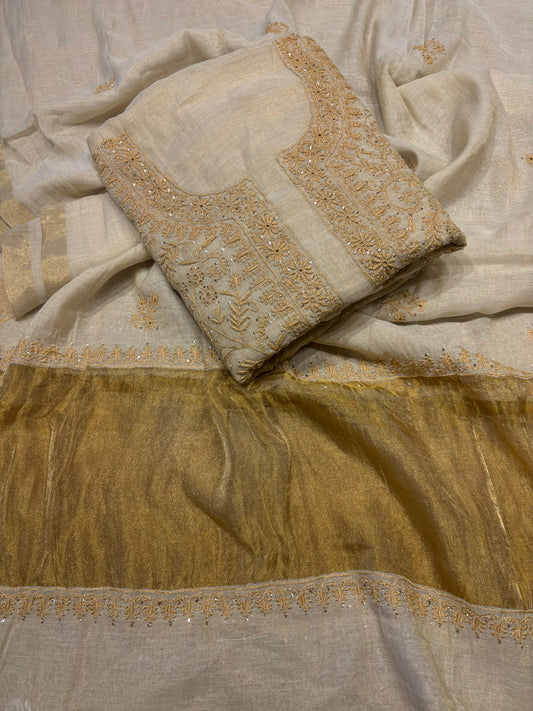 Dyeable Golden Pure Tissue Chikankari Kurta and Dupatta Fabric