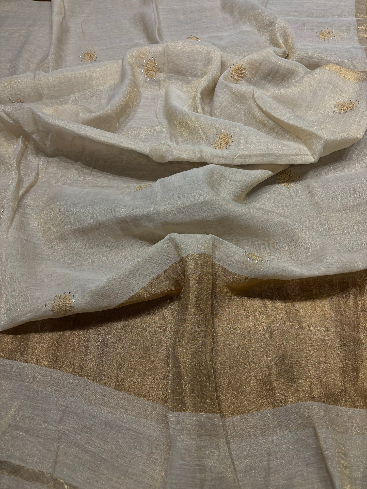 Dyeable Golden Pure Tissue Chikankari Kurta and Dupatta Fabric