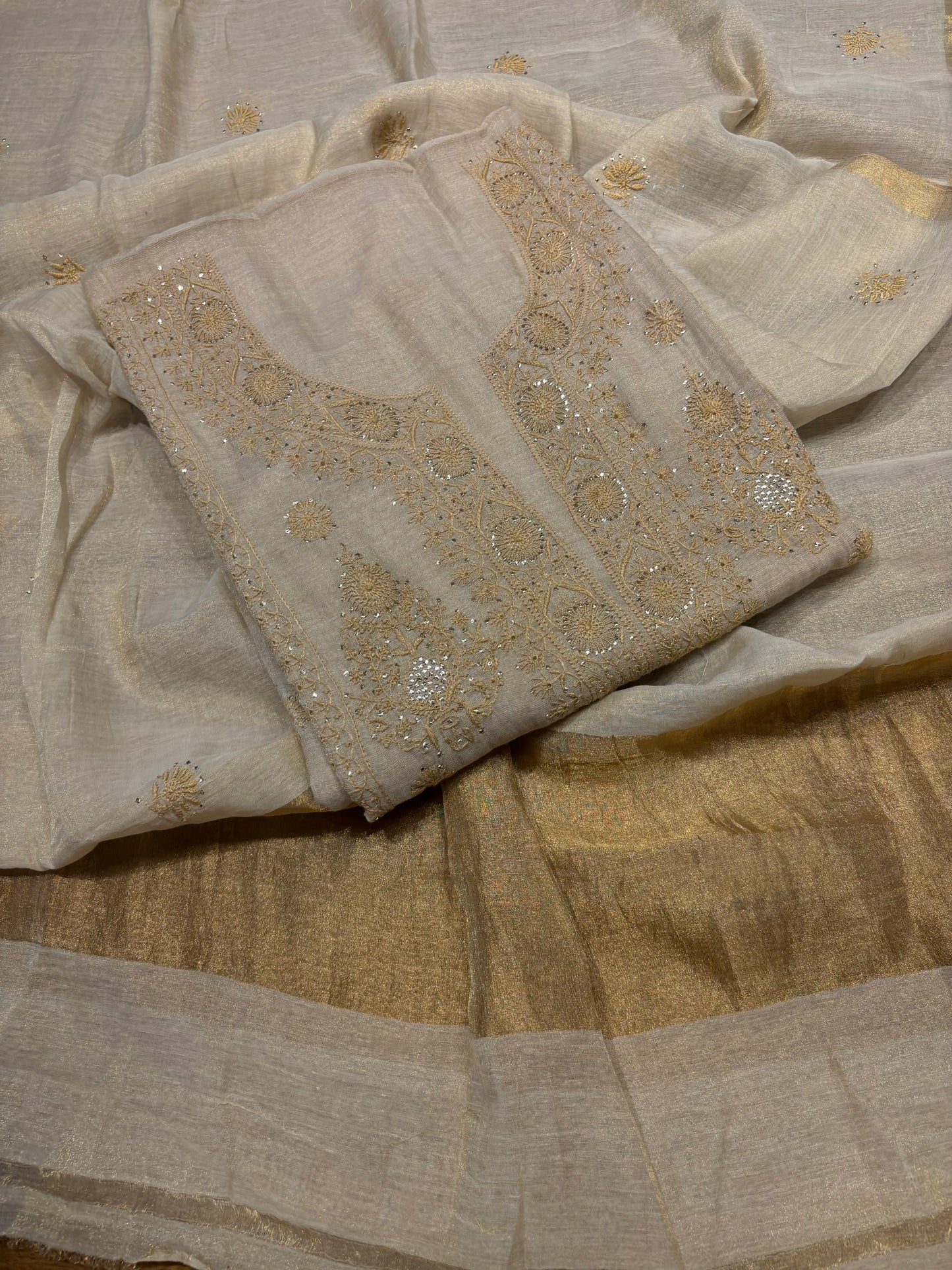 Dyeable Golden Pure Tissue Chikankari Kurta and Dupatta Fabric