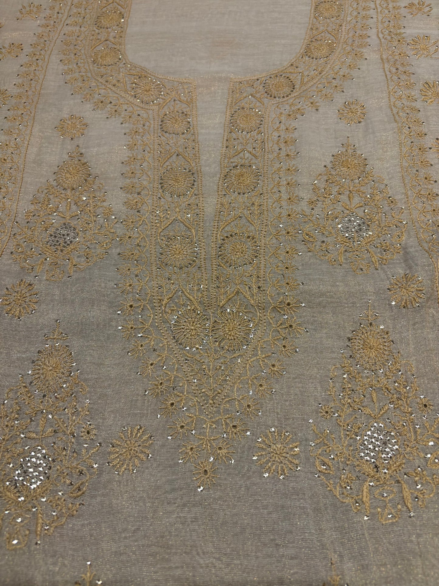 Dyeable Golden Pure Tissue Chikankari Kurta and Dupatta Fabric