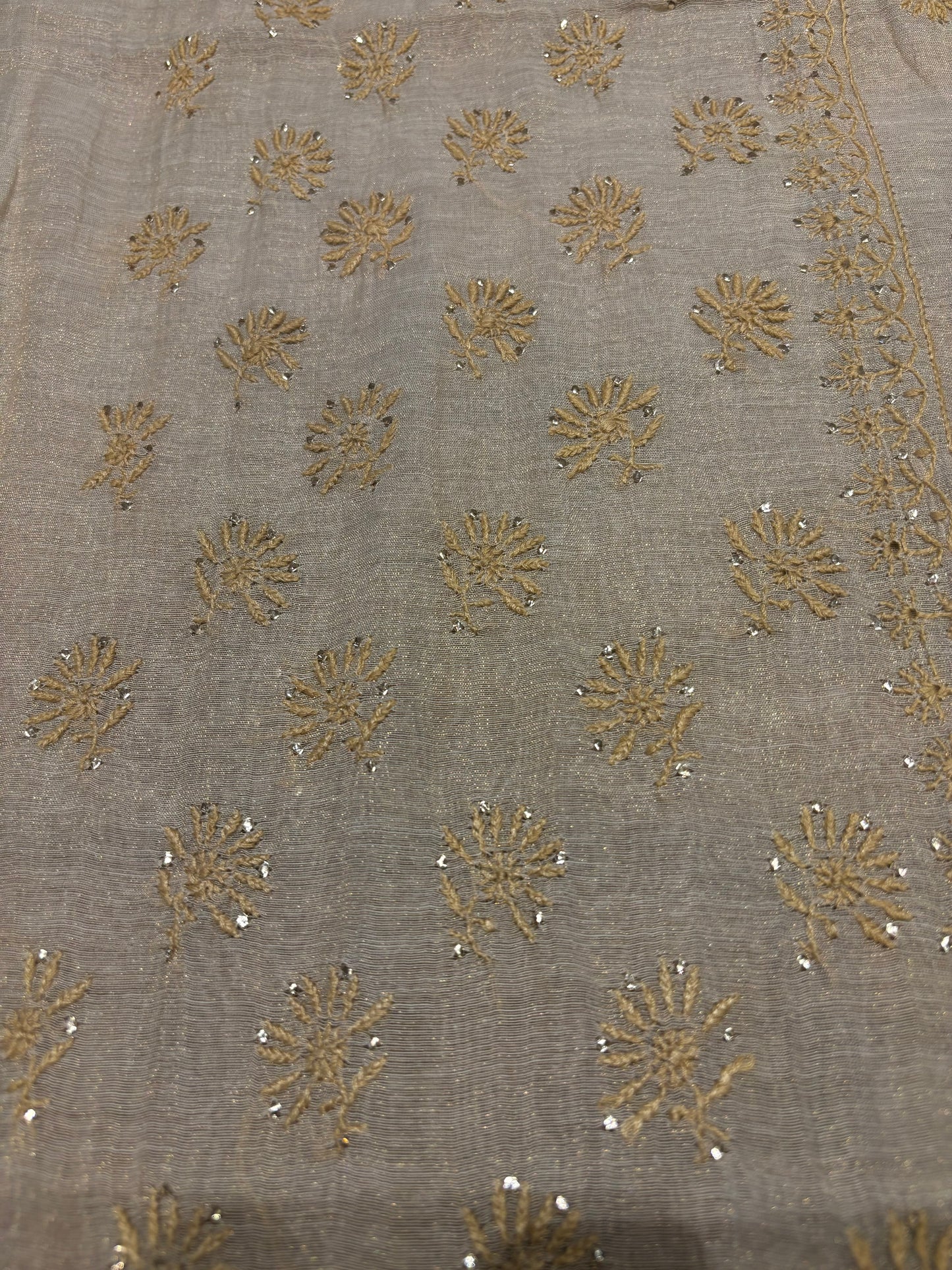 Dyeable Golden Pure Tissue Chikankari Kurta and Dupatta Fabric