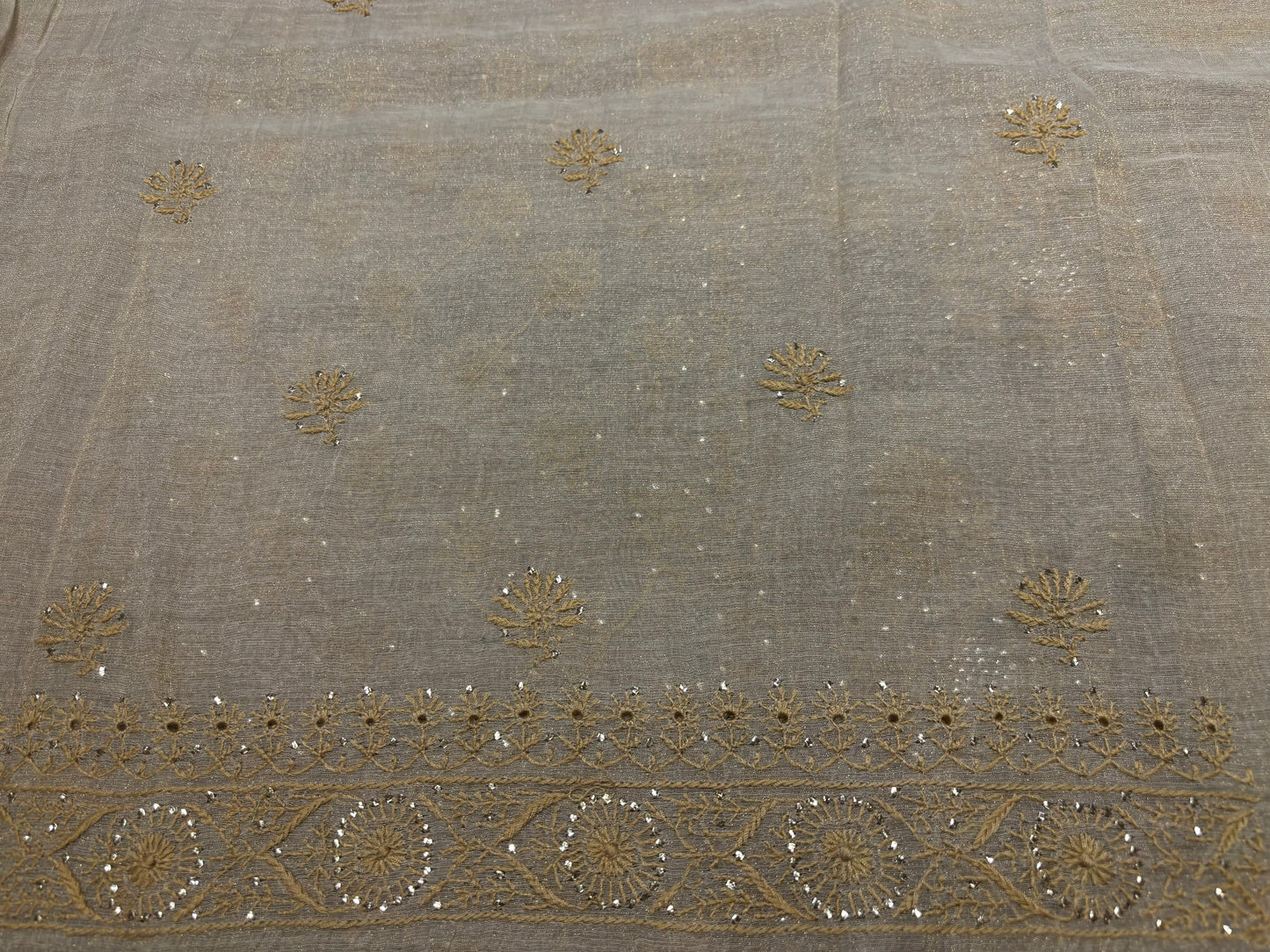 Dyeable Golden Pure Tissue Chikankari Kurta and Dupatta Fabric