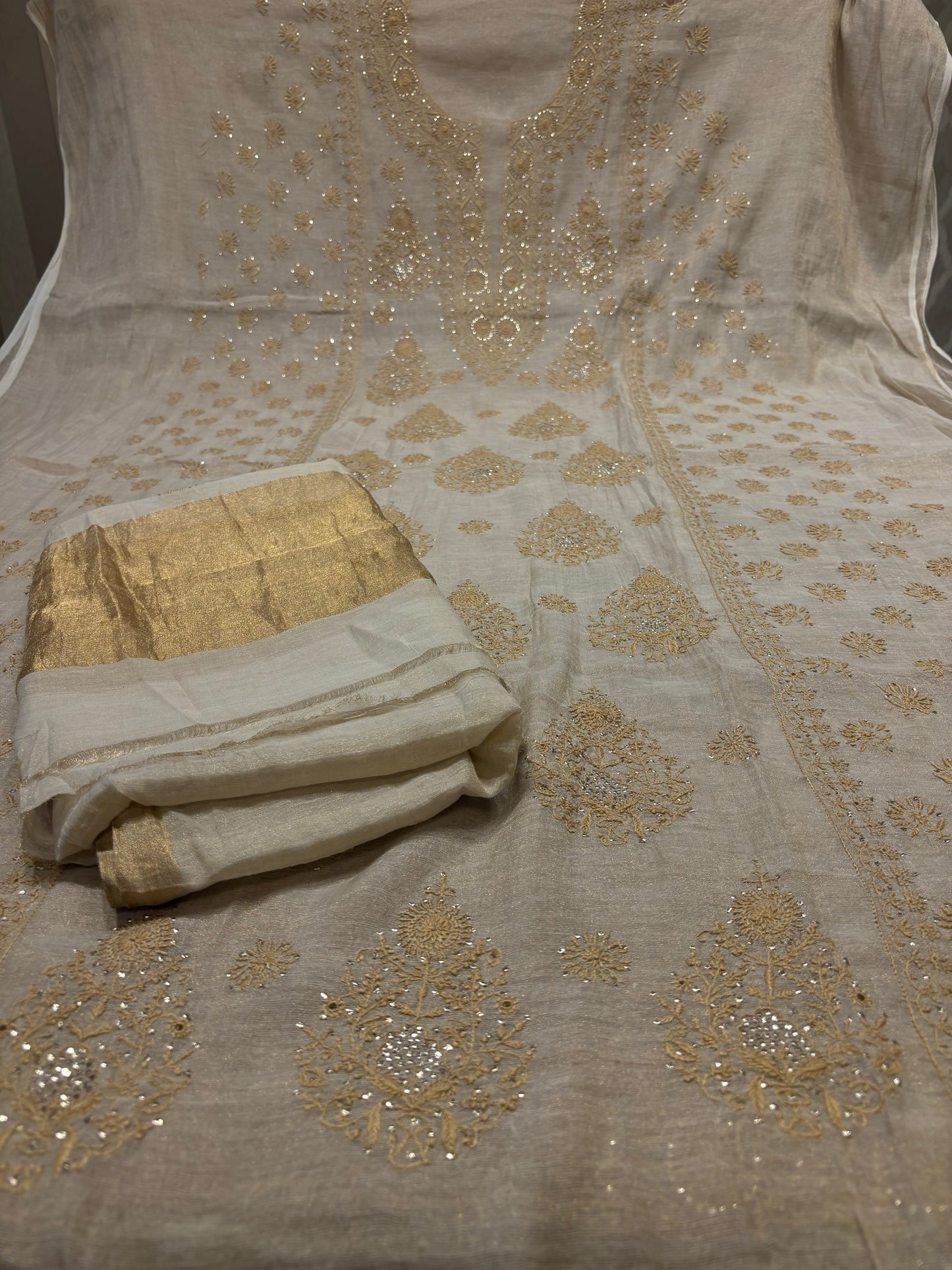 Dyeable Golden Pure Tissue Chikankari Kurta and Dupatta Fabric
