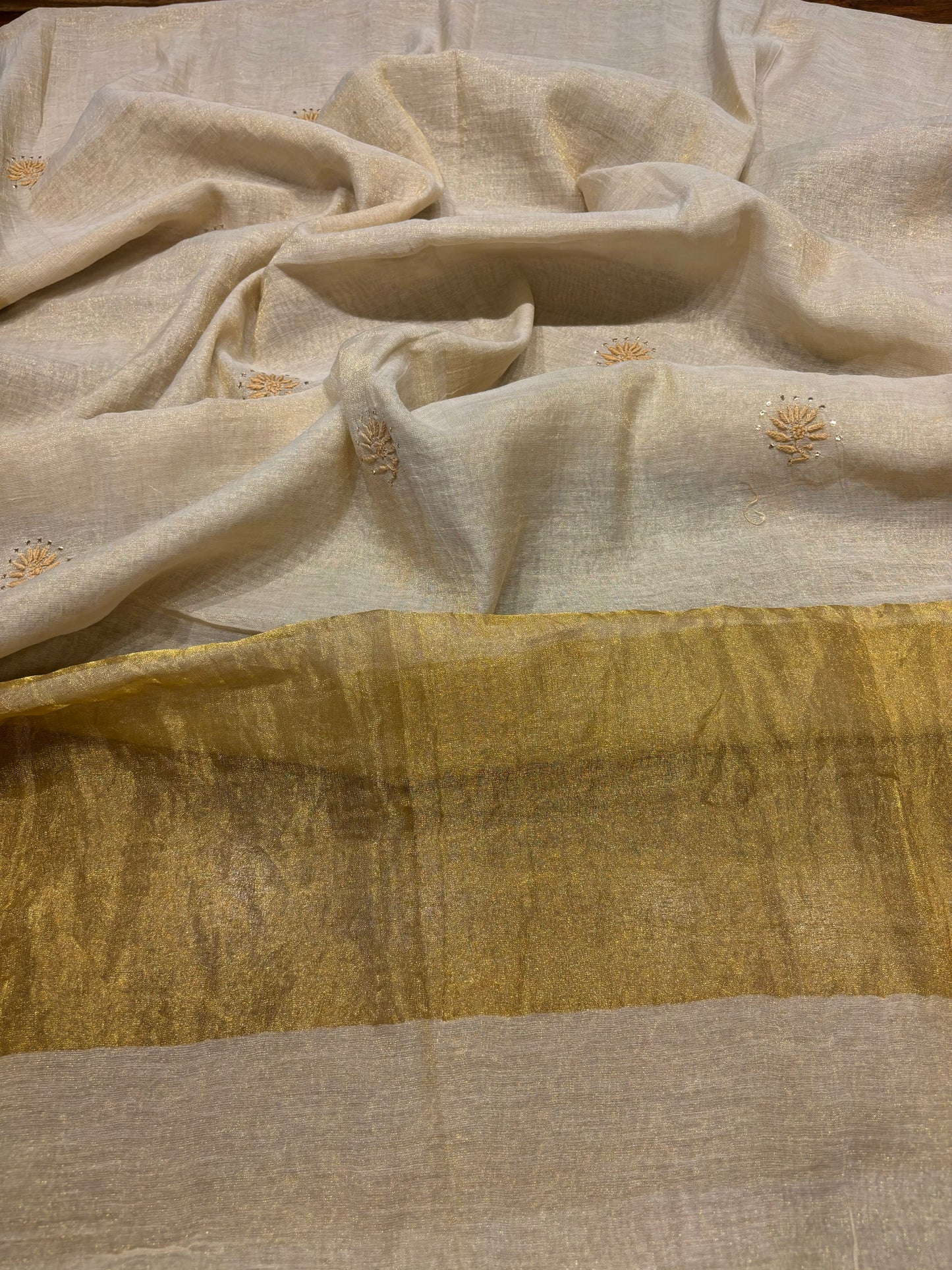 Dyeable Golden Pure Tissue Chikankari Kurta and Dupatta Fabric