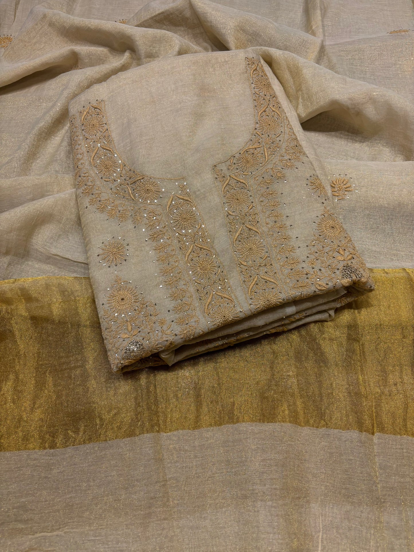 Dyeable Golden Pure Tissue Chikankari Kurta and Dupatta Fabric
