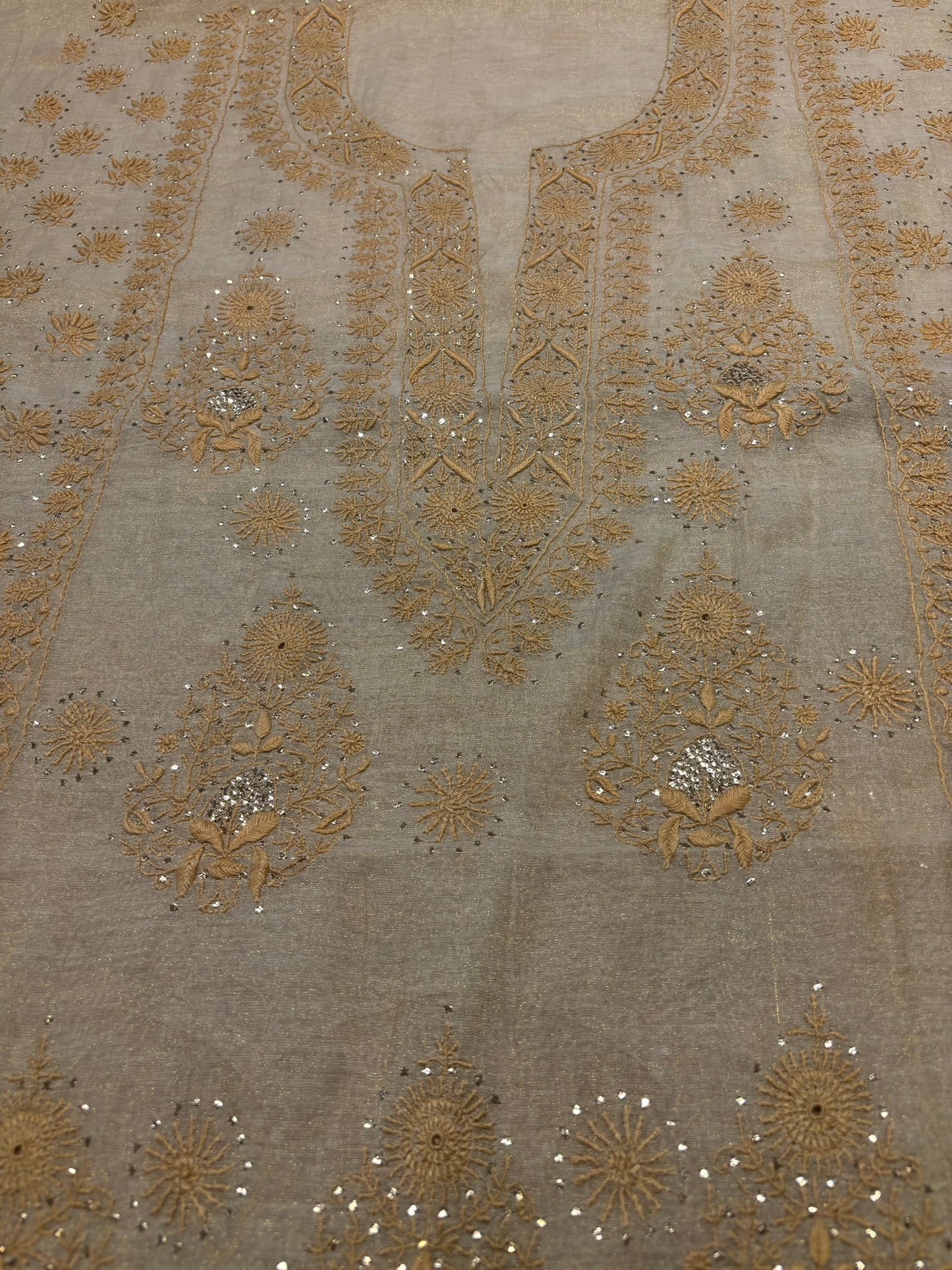 Dyeable Golden Pure Tissue Chikankari Kurta and Dupatta Fabric
