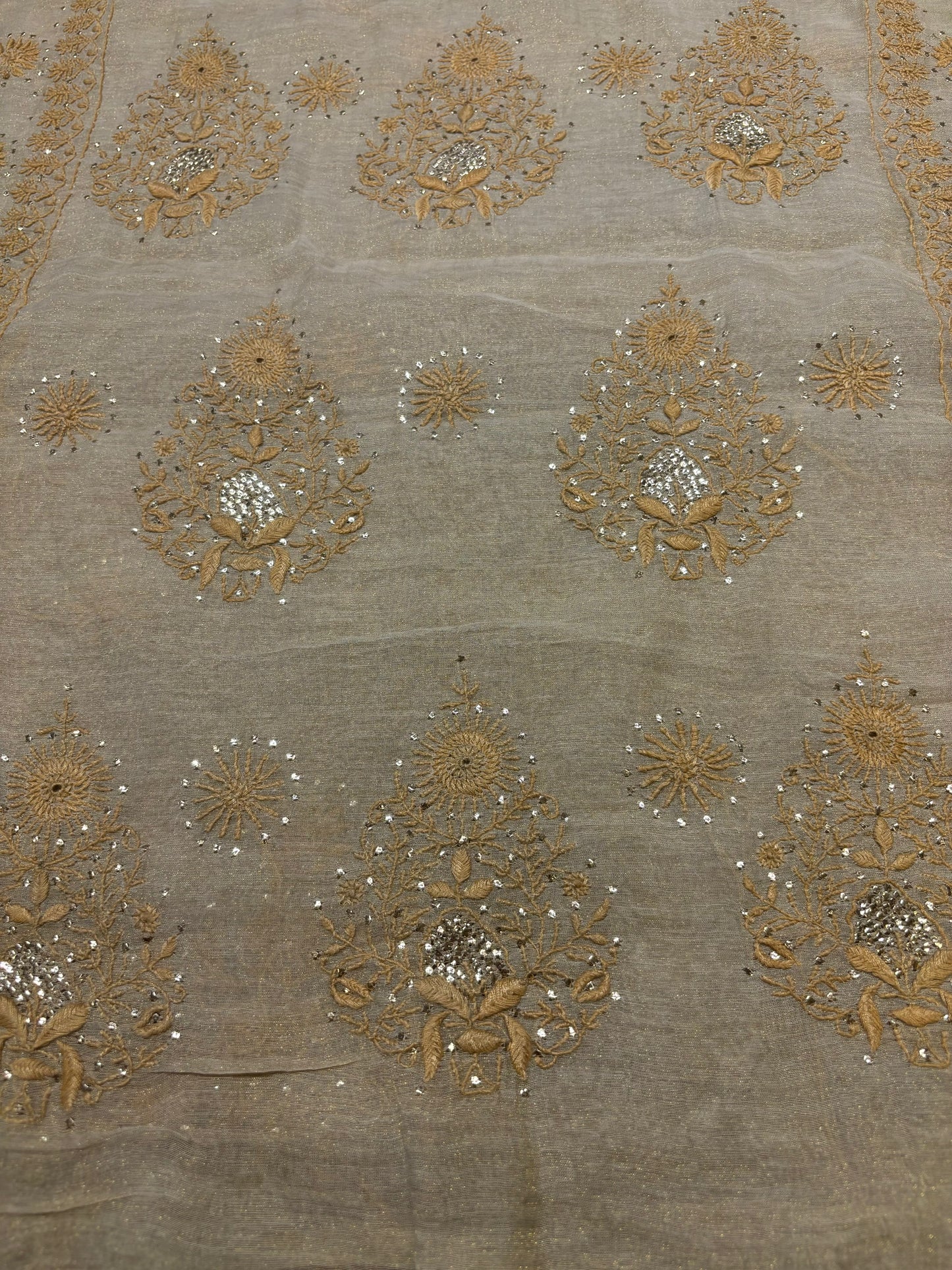 Dyeable Golden Pure Tissue Chikankari Kurta and Dupatta Fabric