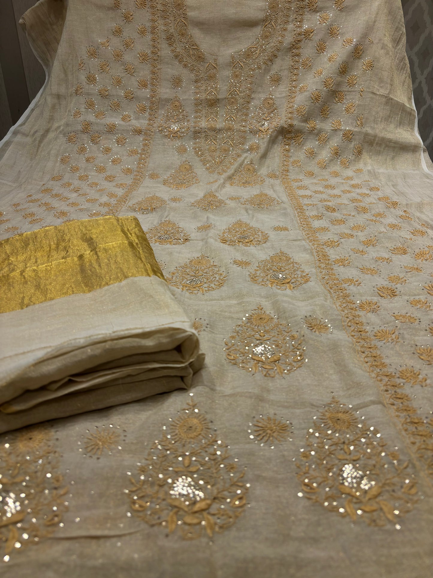 Dyeable Golden Pure Tissue Chikankari Kurta and Dupatta Fabric