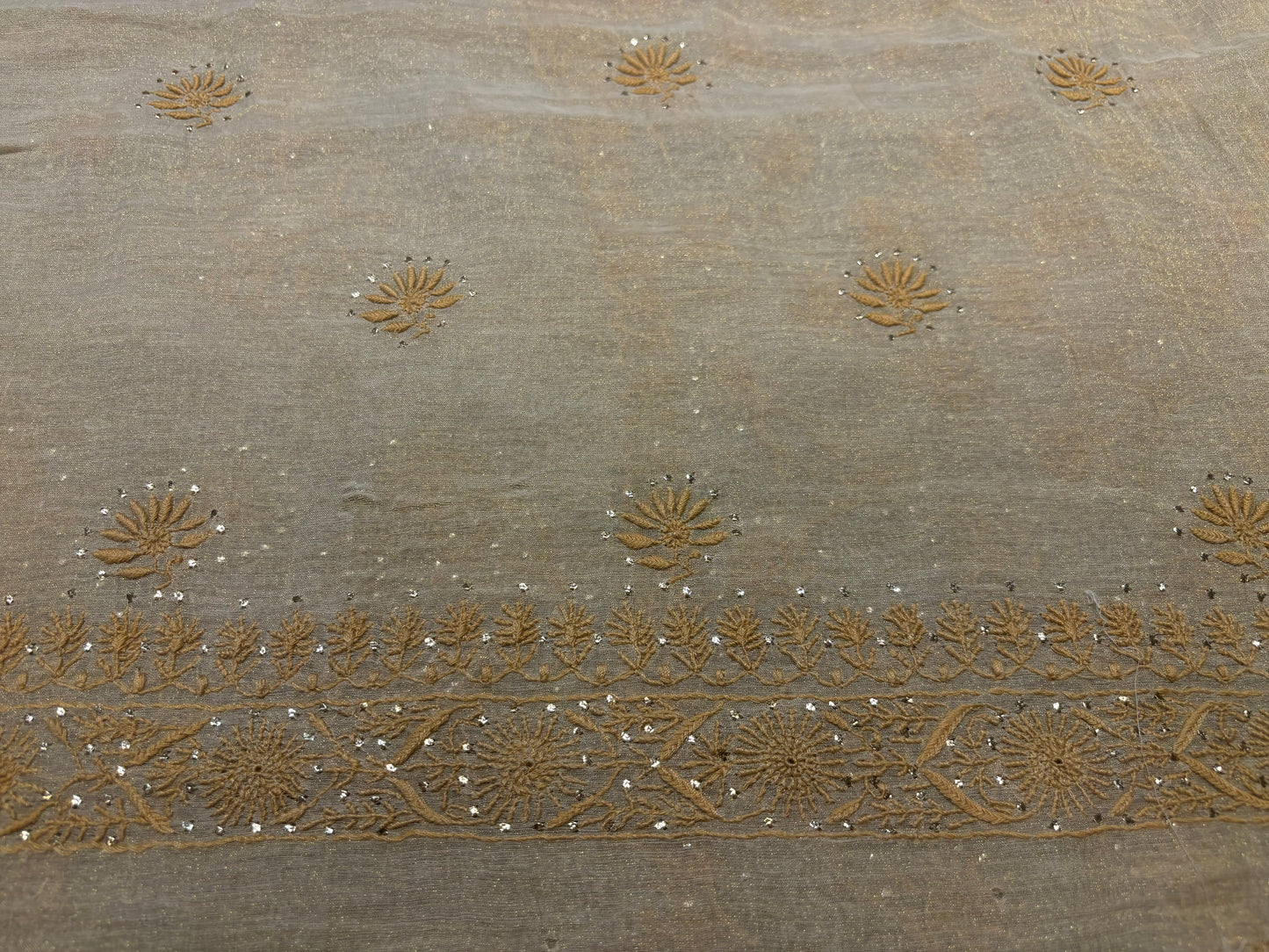 Dyeable Golden Pure Tissue Chikankari Kurta and Dupatta Fabric