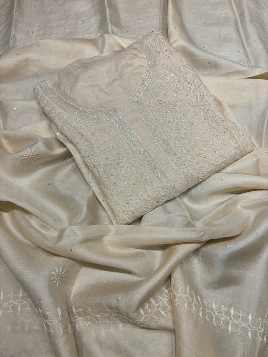 Dyeable Natural Silk Chikankari Kurta and Dupatta