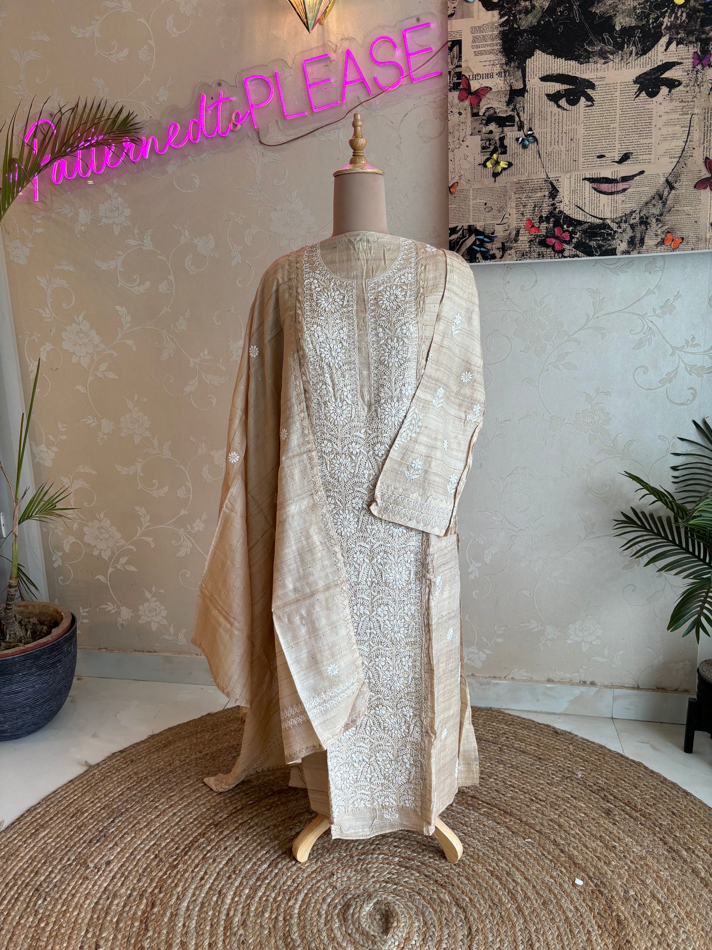 Dyeable Natural Silk Chikankari Kurta and Dupatta