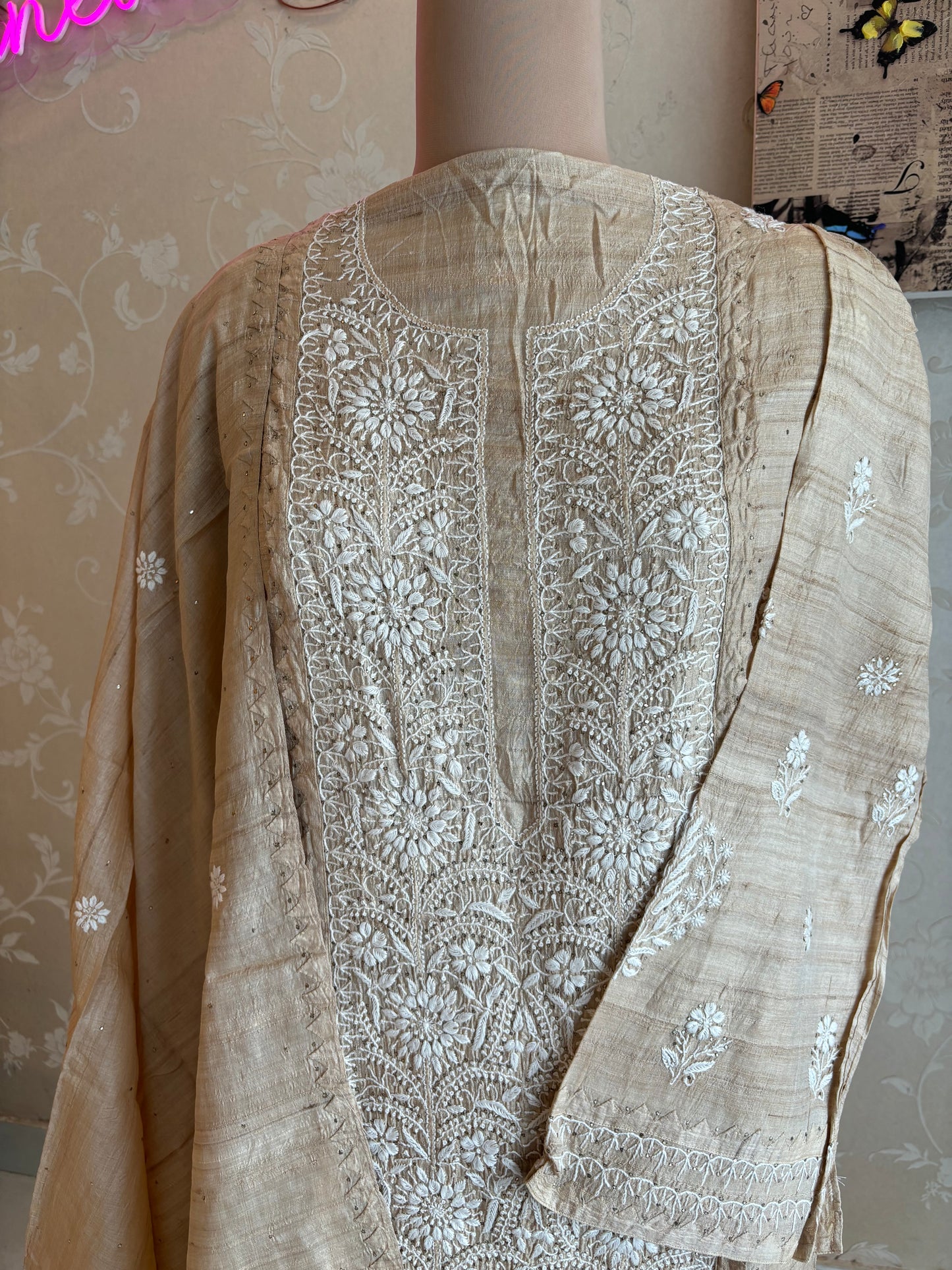 Dyeable Natural Silk Chikankari Kurta and Dupatta