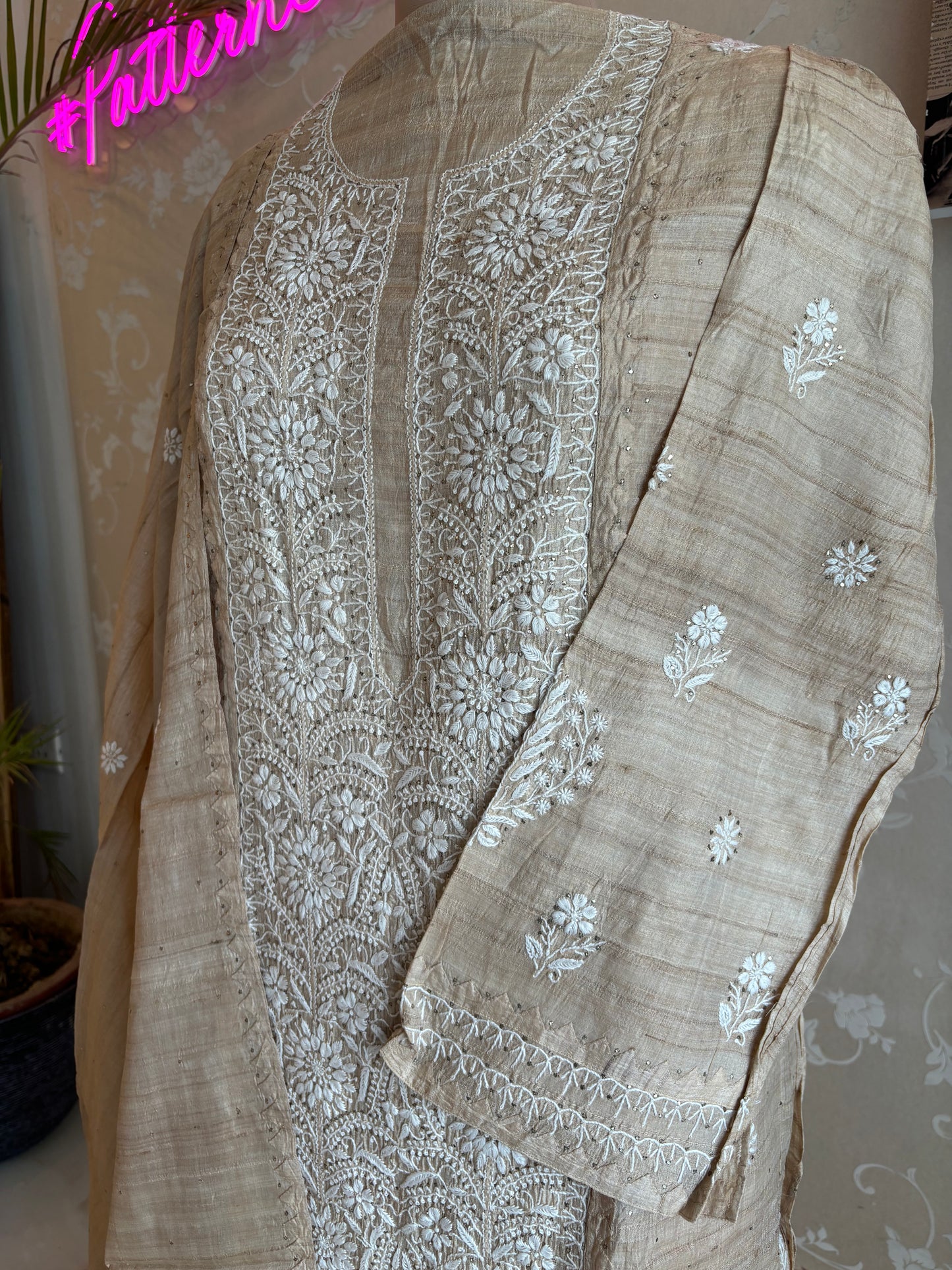 Dyeable Natural Silk Chikankari Kurta and Dupatta
