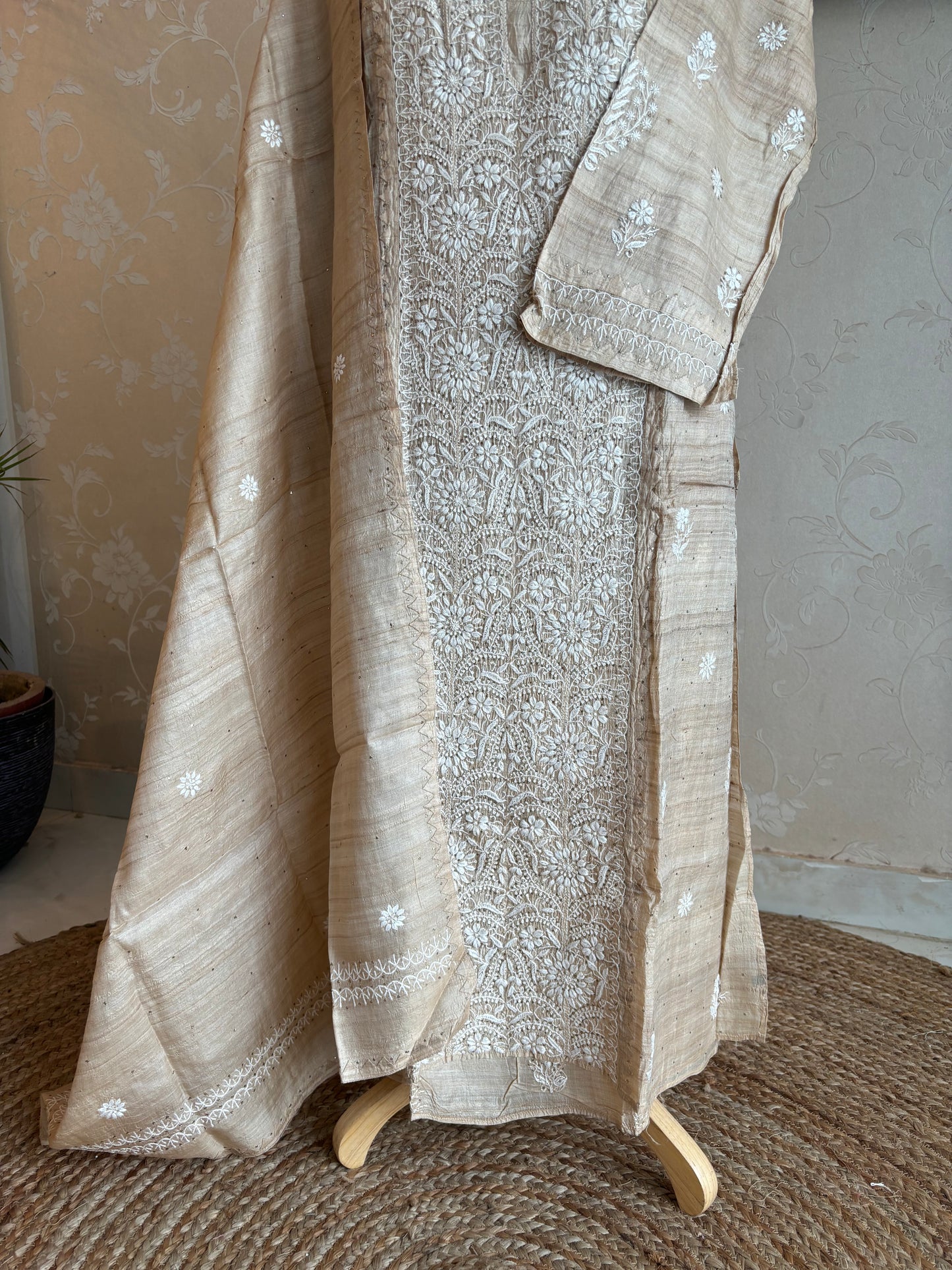 Dyeable Natural Silk Chikankari Kurta and Dupatta