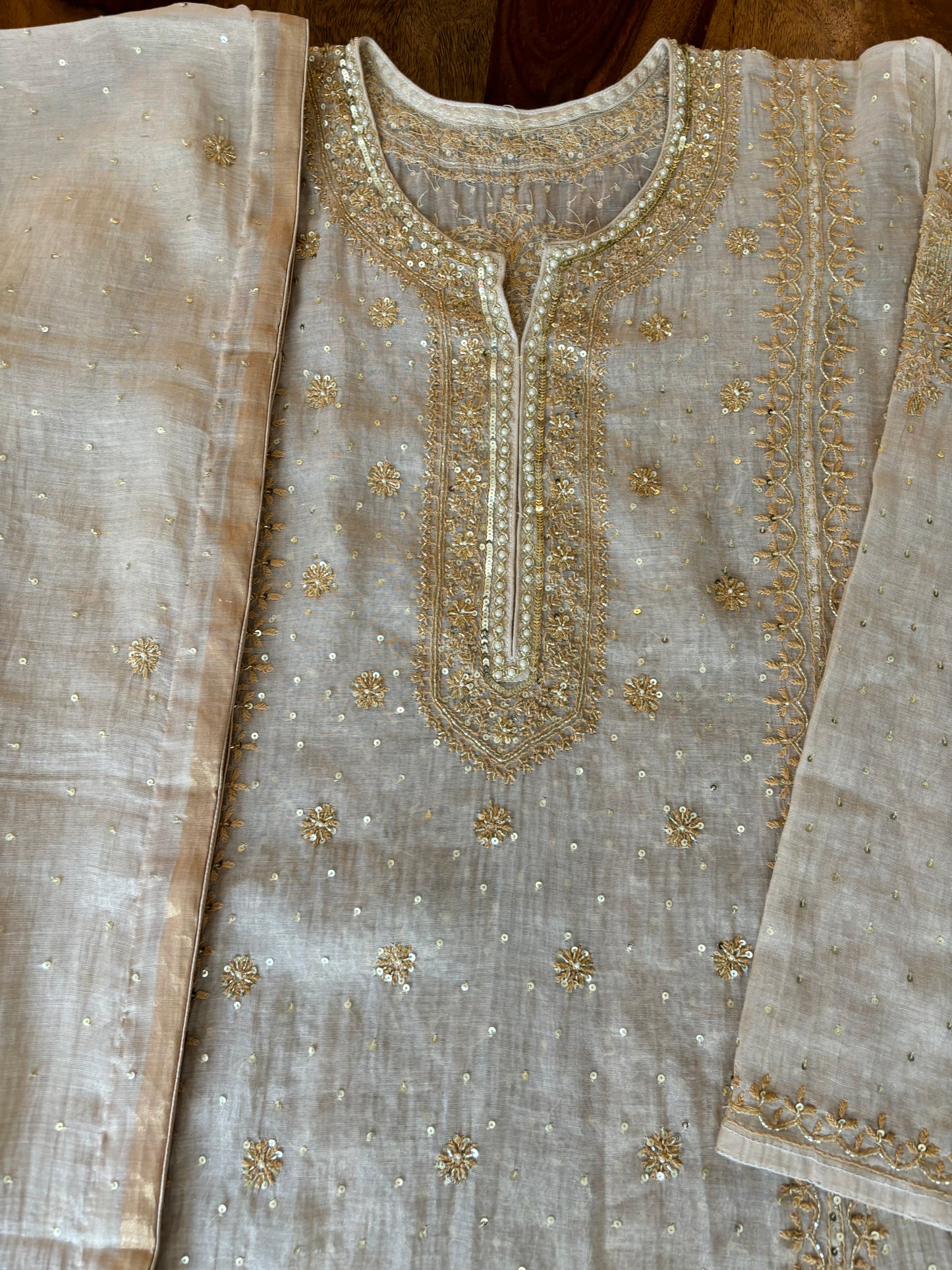 Dyeable Golden Pure Tissue Chikankari Kurta and Dupatta