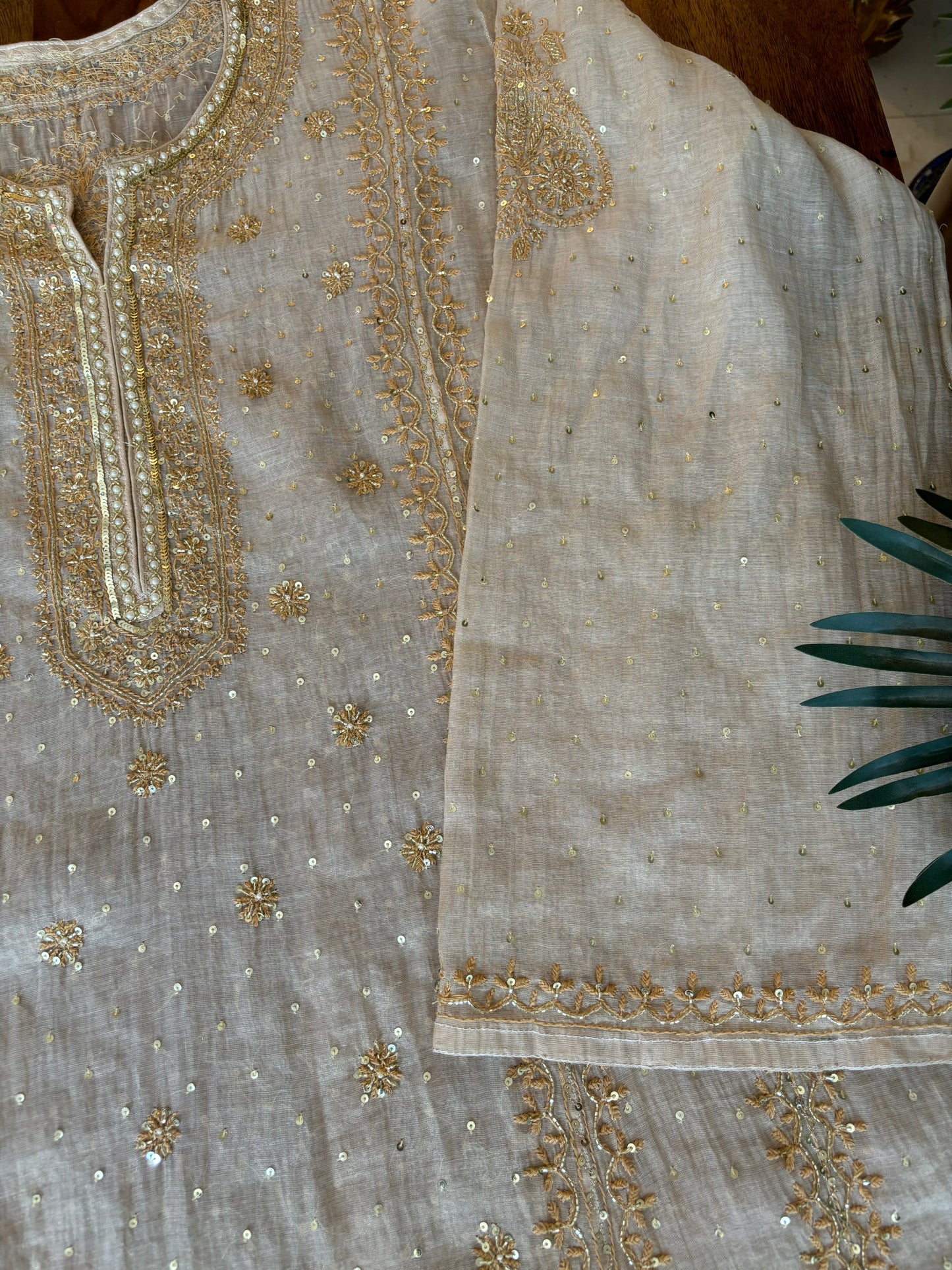 Dyeable Golden Pure Tissue Chikankari Kurta and Dupatta