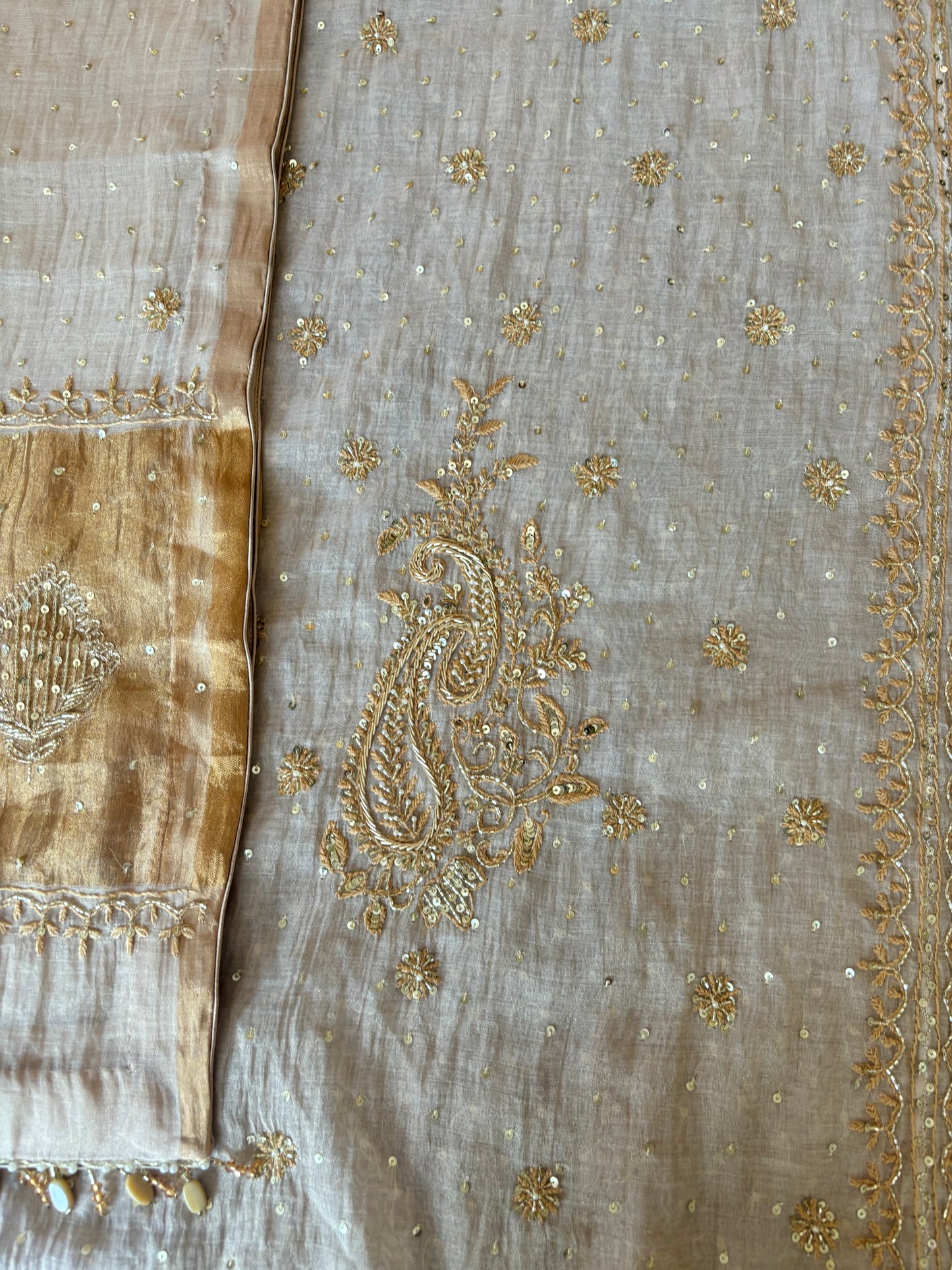 Dyeable Golden Pure Tissue Chikankari Kurta and Dupatta