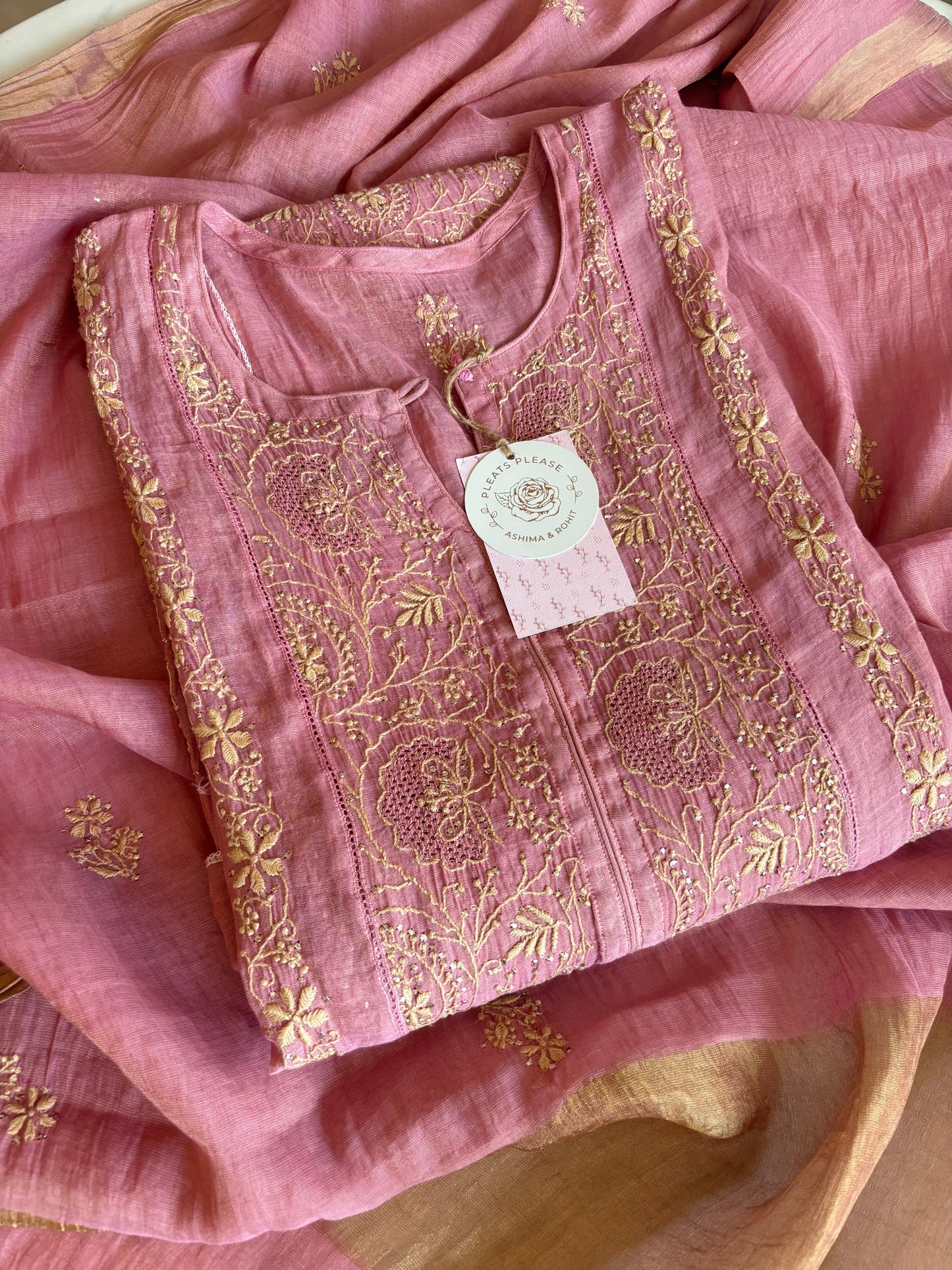 Peach Pure Tissue Chikankari Kalidaar Kurta and Dupatta