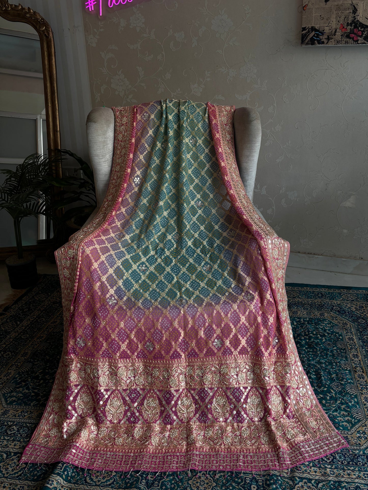 Pink and teal Bandhej Khaddi Georgette Dupatta