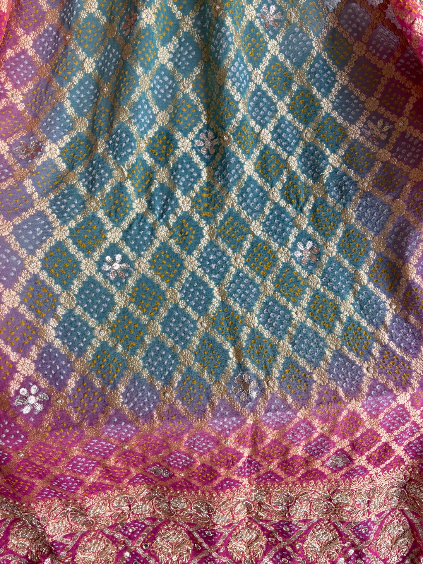 Pink and teal Bandhej Khaddi Georgette Dupatta