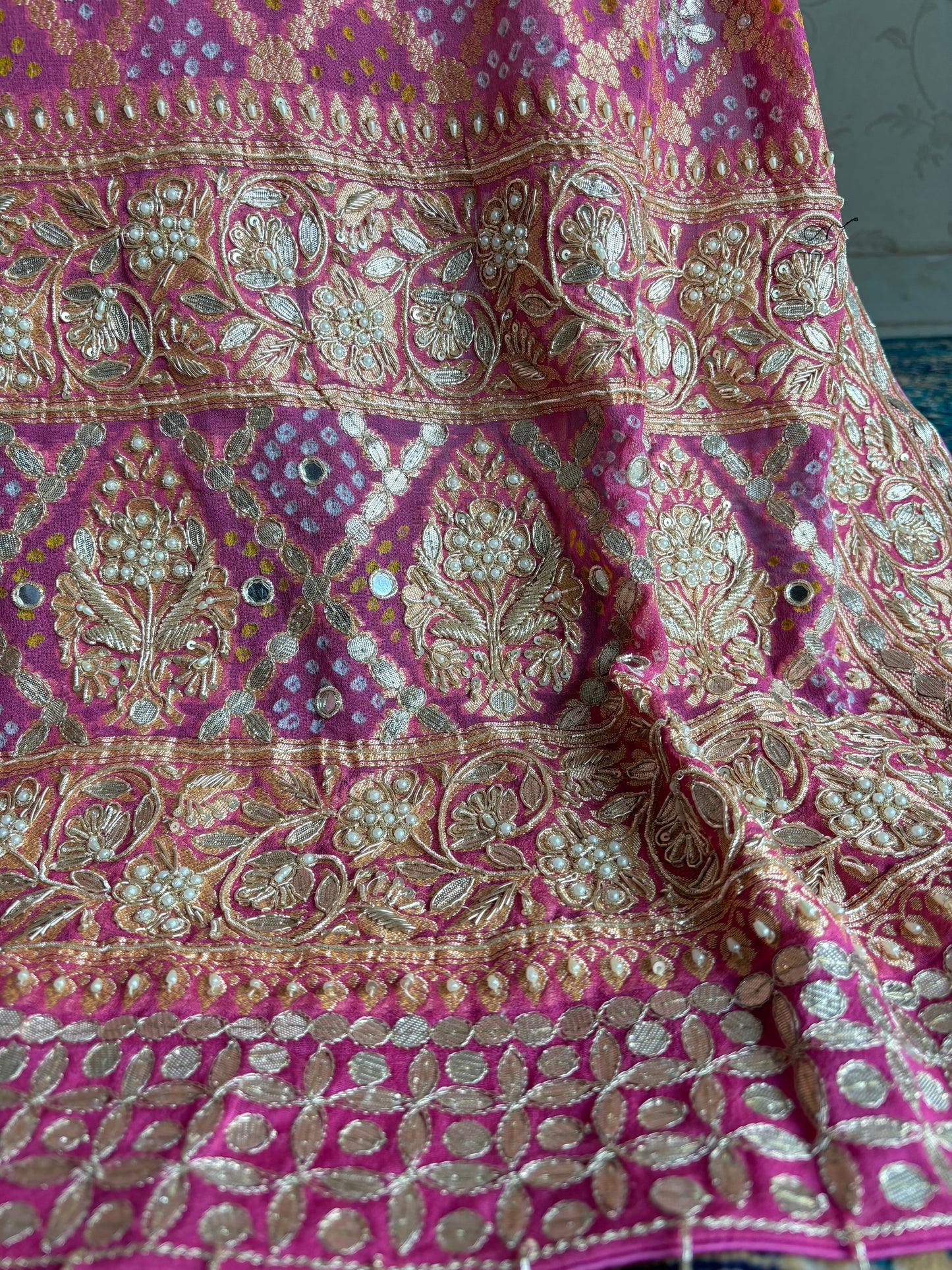 Pink and teal Bandhej Khaddi Georgette Dupatta