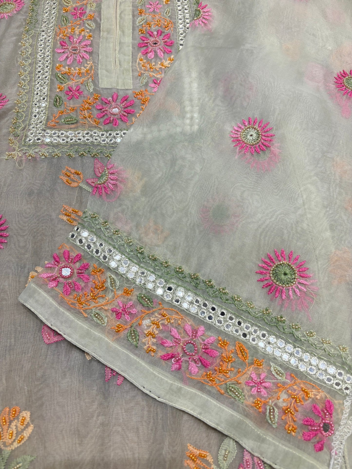 Sage Green Organza Silk Chikankari Kurta and Dupatta