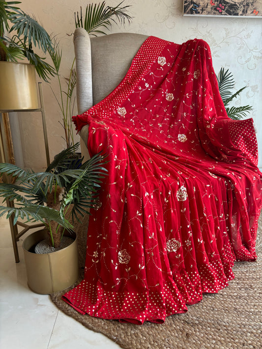 Red Pure Georgette Badla Saree and Blouse